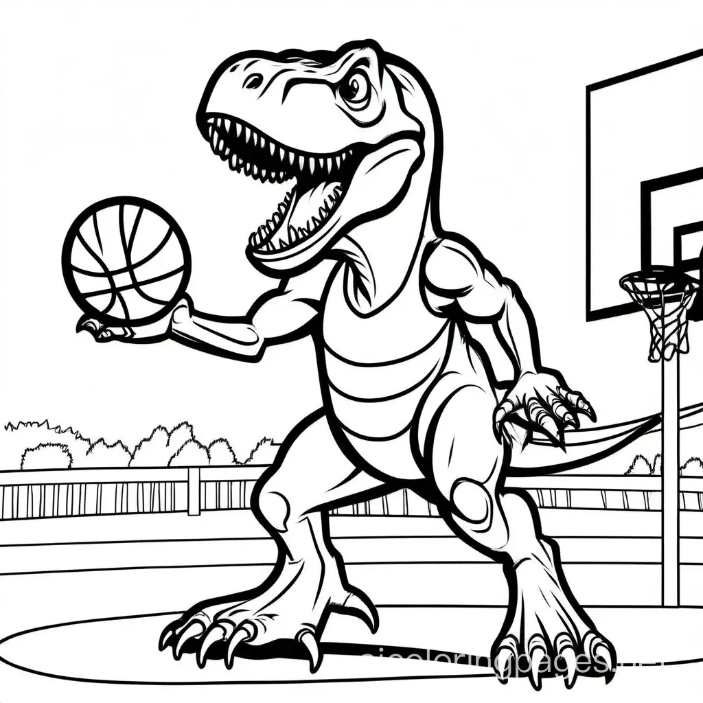Trex playing basketball, Coloring Page, black and white, line art, white background, Simplicity, Ample White Space. The background of the coloring page is plain white to make it easy for young children to color within the lines. The outlines of all the subjects are easy to distinguish, making it simple for kids to color without too much difficulty