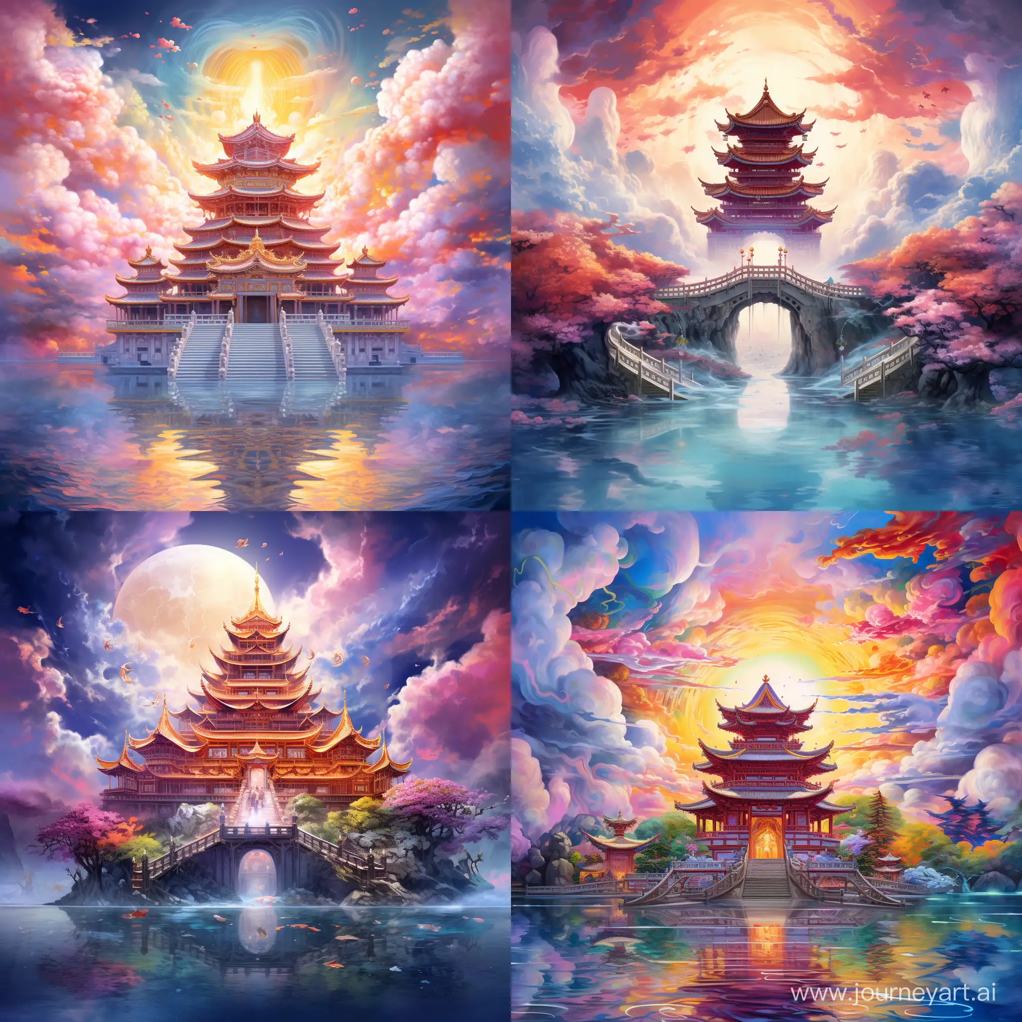 水上的寺庙，寺庙结构清晰，神圣的氛围，五彩祥云，超清