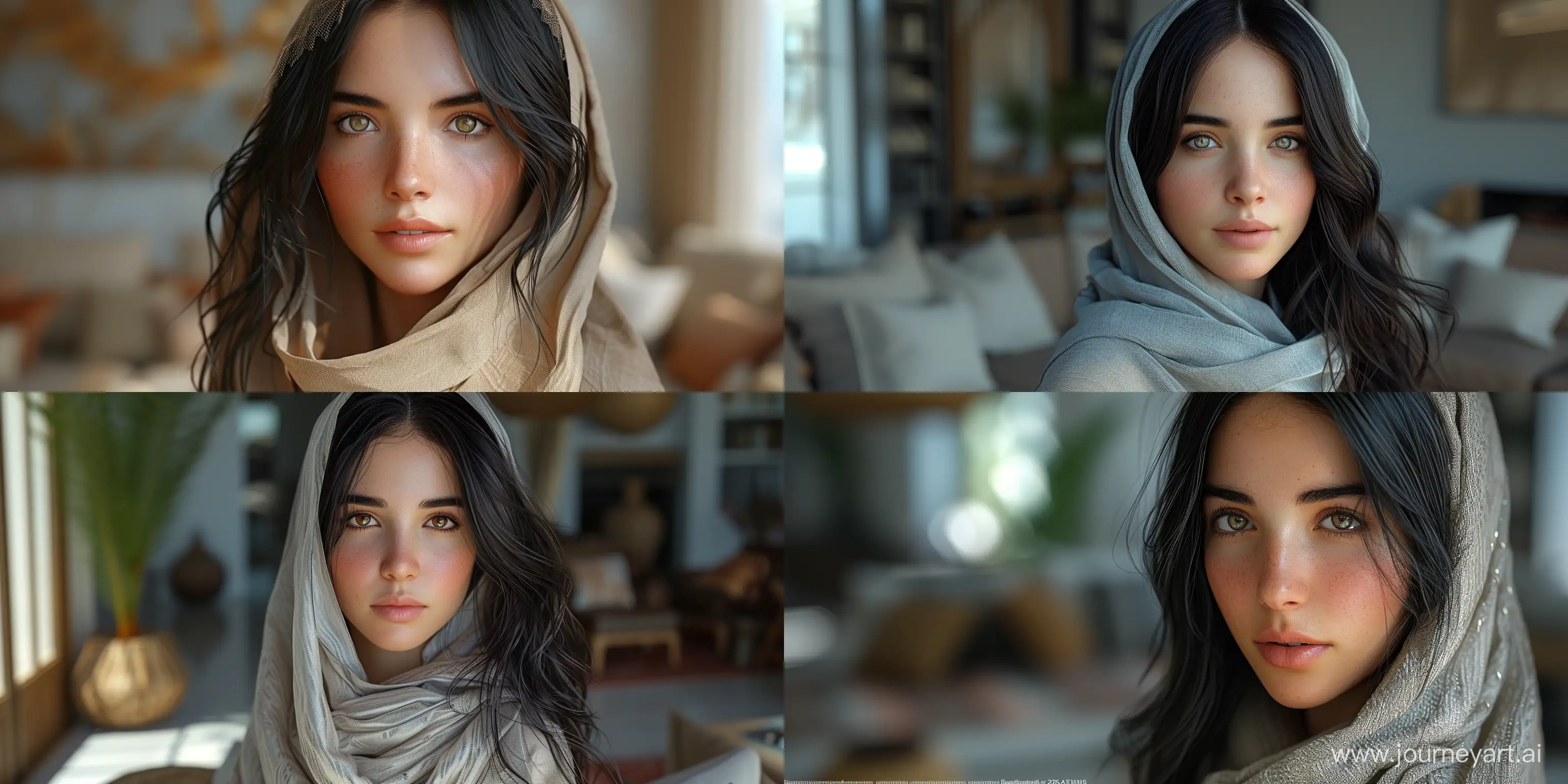 a realistic photo of a [iranian 26 year old woman], with [long, wavy, dark hair], looks like [Dakota Johnson] and [Felicity Jones],with hijab, light makeup, looking [innocent, cute, flushed], [light] skin, Living Room, Modern Interior, in the style of dystopian realism, realistic perspective, xbox 360 graphics, surrealistic realism, emotive realism, soggy, eerily realistic --ar 8:4 --stylize 750 --v 6