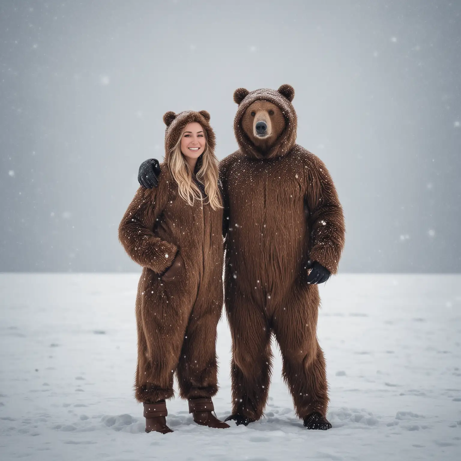 Loving couple in bear costume in arctic snowstorm full body