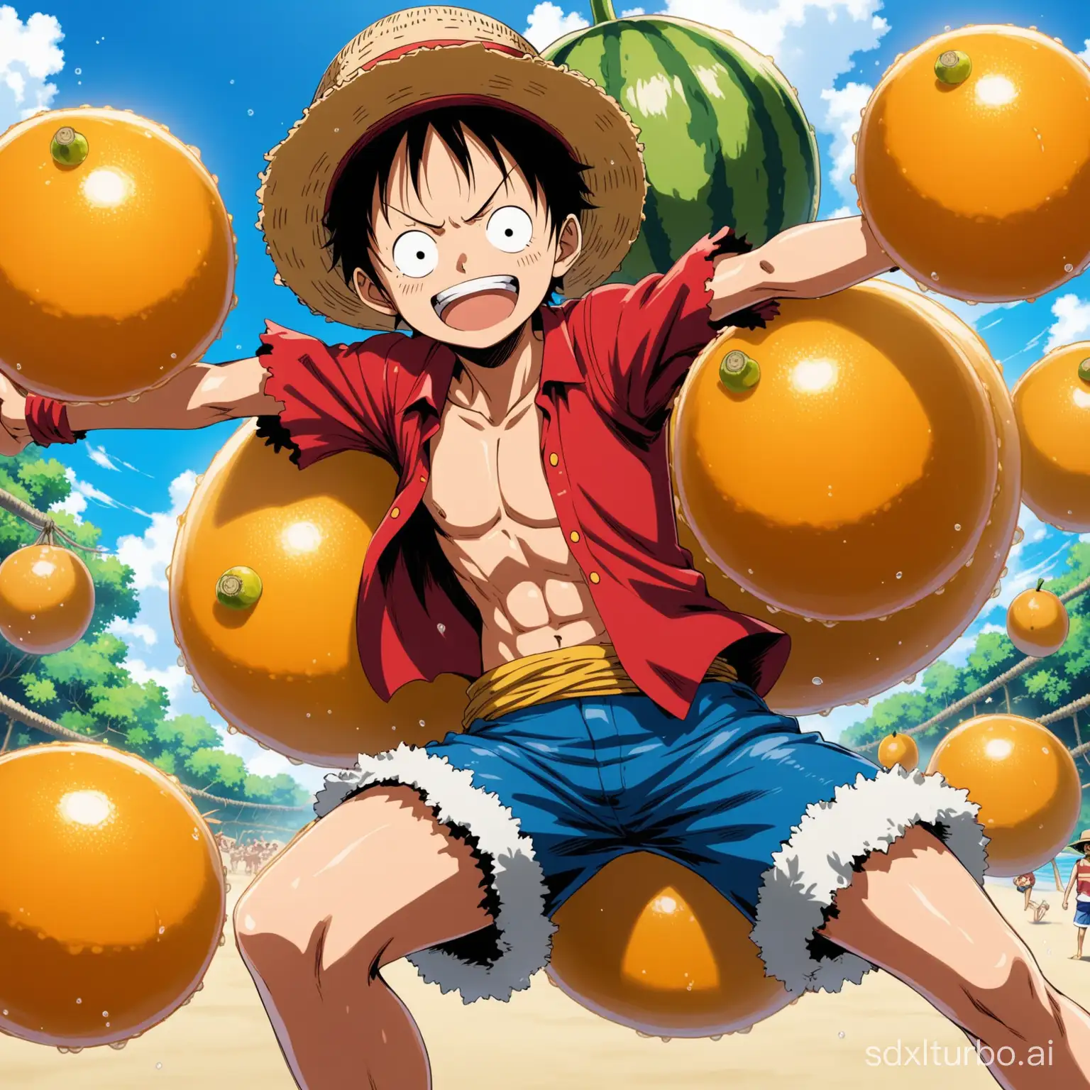 Using Luffy's extended arms to showcase the classic action image of the rubber fruit ability.