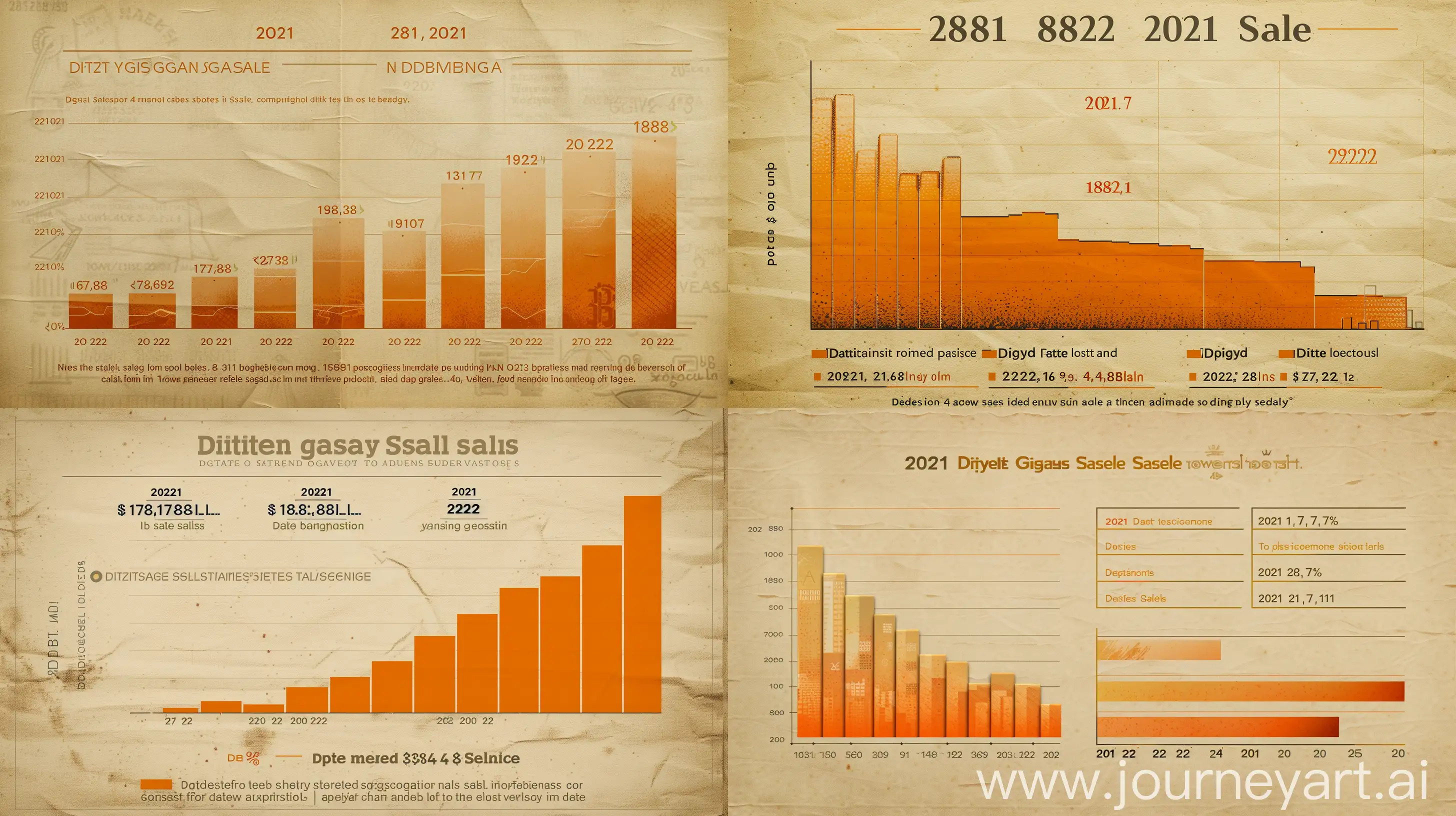 /imagine prompt: A vintage-style histogram comparing digital game sales: 2021 bar at $180.7 billion in classic cream, 2022 bar at $173.8 billion in faded orange, indicating a 4% reduction. Designed with an old-school infographic flair, retro fonts, and a parchment background. Created Using: retro design, vintage colors, nostalgic aesthetics, detailed annotations, textured paper background, soft lighting, shadow play, historical vibe --ar 16:9 --v 6.0
