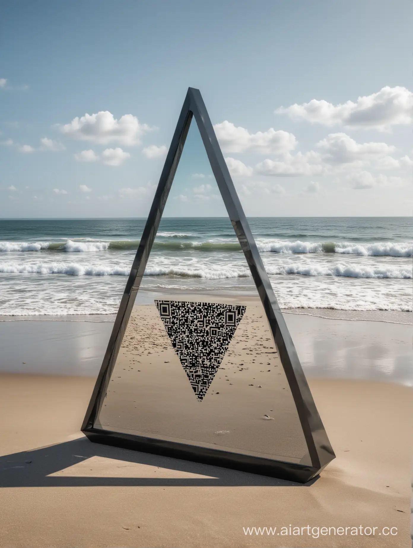 Объемное треугольное зеркало в черной рамке с QR кодом на задней стенке, которое стоит на берегу моря 