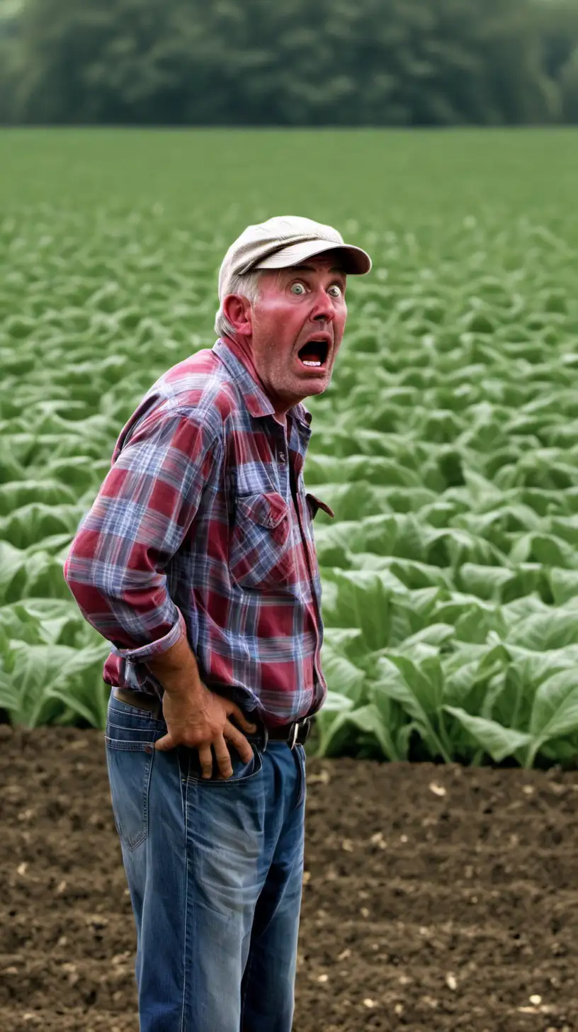 local farmer in shock looking at field


