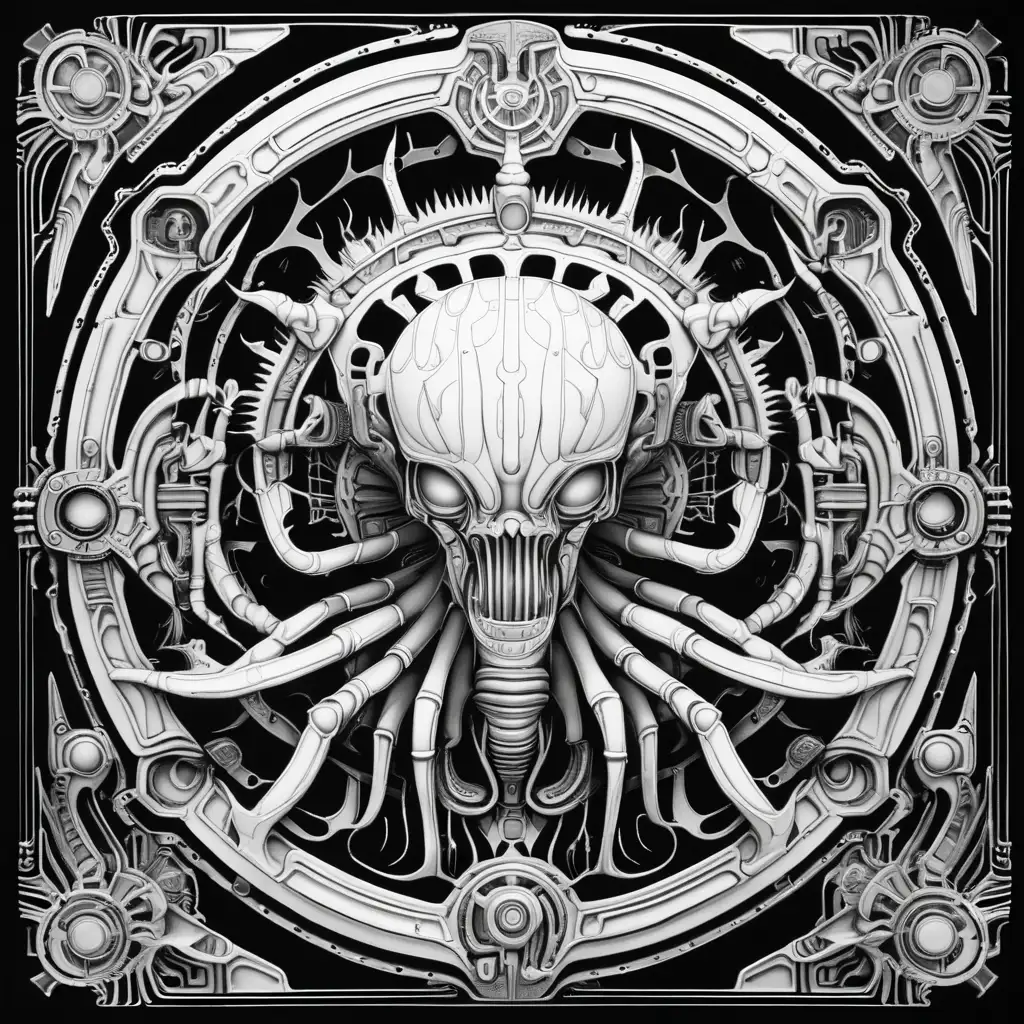 Coloring book image. Black and white only. Symmetrical and balanced mandala with disgusting slimy, dripping cyberpunk machine  ighostn style of H.R Giger. Clean and clear outlines that allow for easy coloring. Ensure the design provides ample space for creativity and coloring.