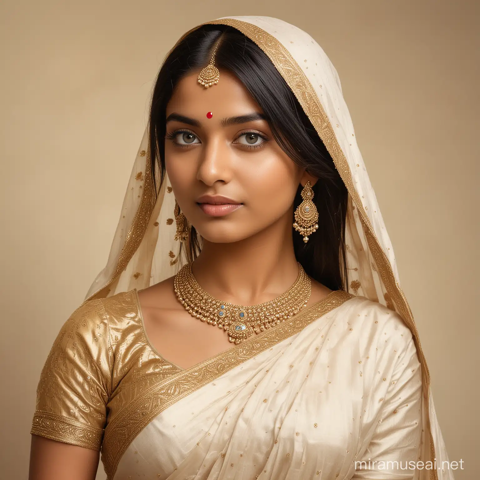 A photorealistic portrait of a young Indian lady aged 24, with mesmerizing blue eyes and sleek straight hair, her golden skin glowing against a backdrop of simplicity, draped in a regal saree with intricate golden detailswith flat white background