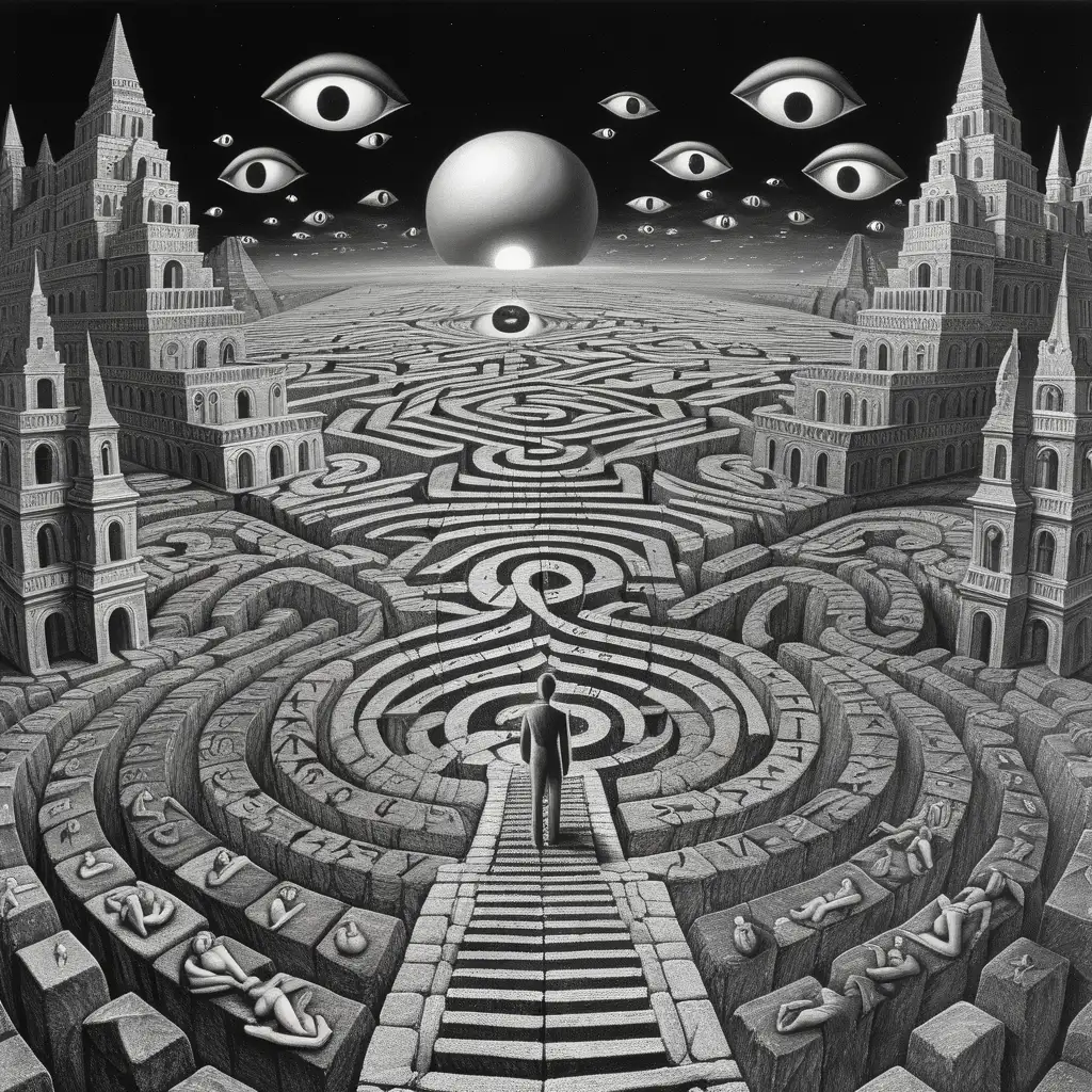 Divine Hand Reaching Over Psychedelic Abyss Surreal 3D Landscape Inspired by Rene Magritte and MC Escher