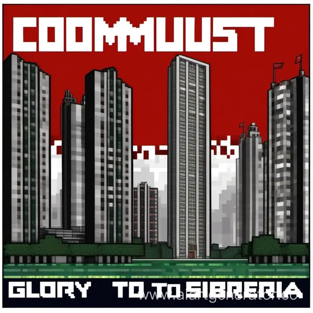 Communist poster, red sign "GLORY TO SIBERIA", Minecraft steve, Minecraft Skyscraper on the back