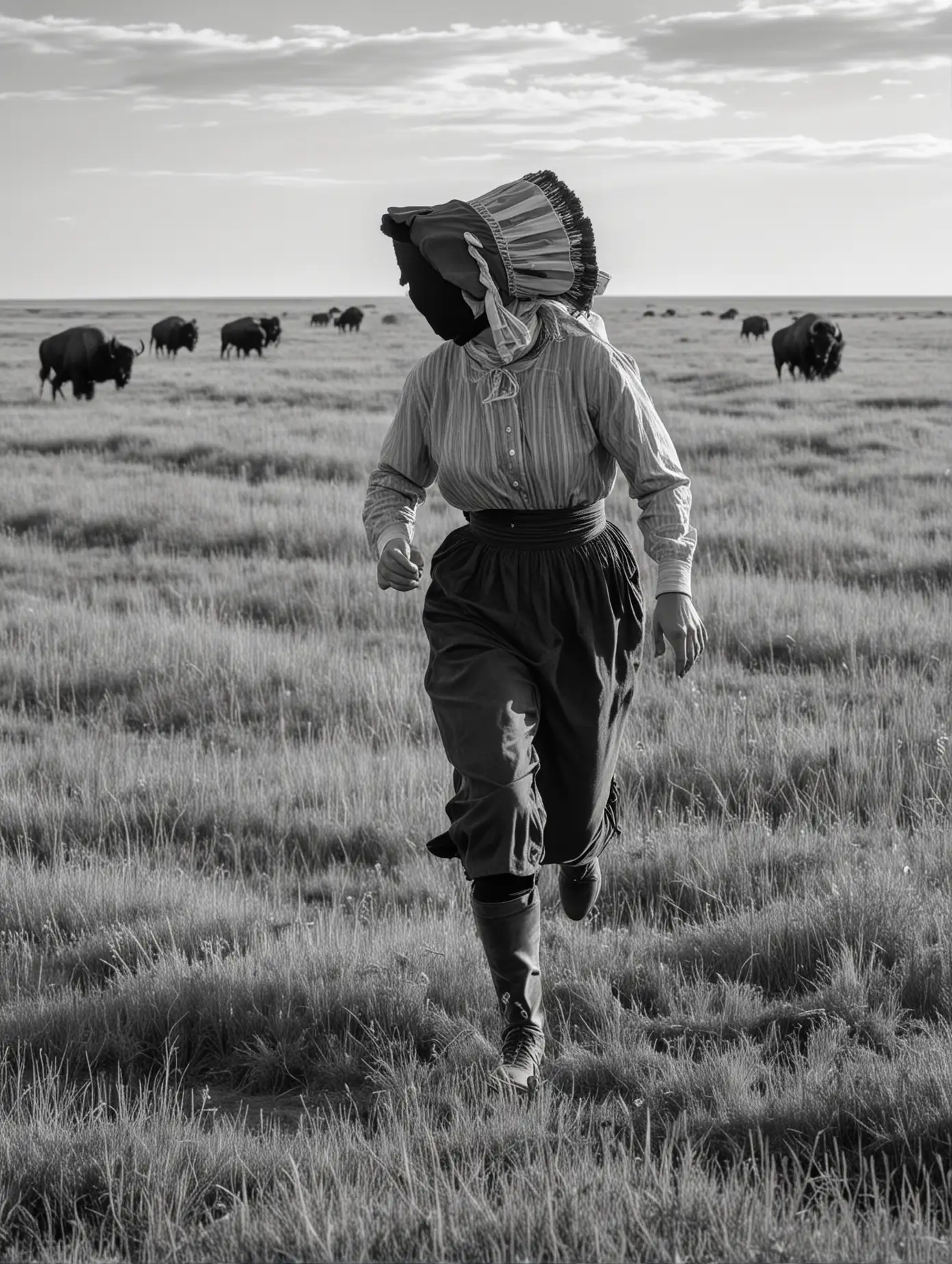 A woman runs through the prairie. She is a pioneer and wears a bonnet. There are buffalo in the background. She is seen from the side. In black and white. 