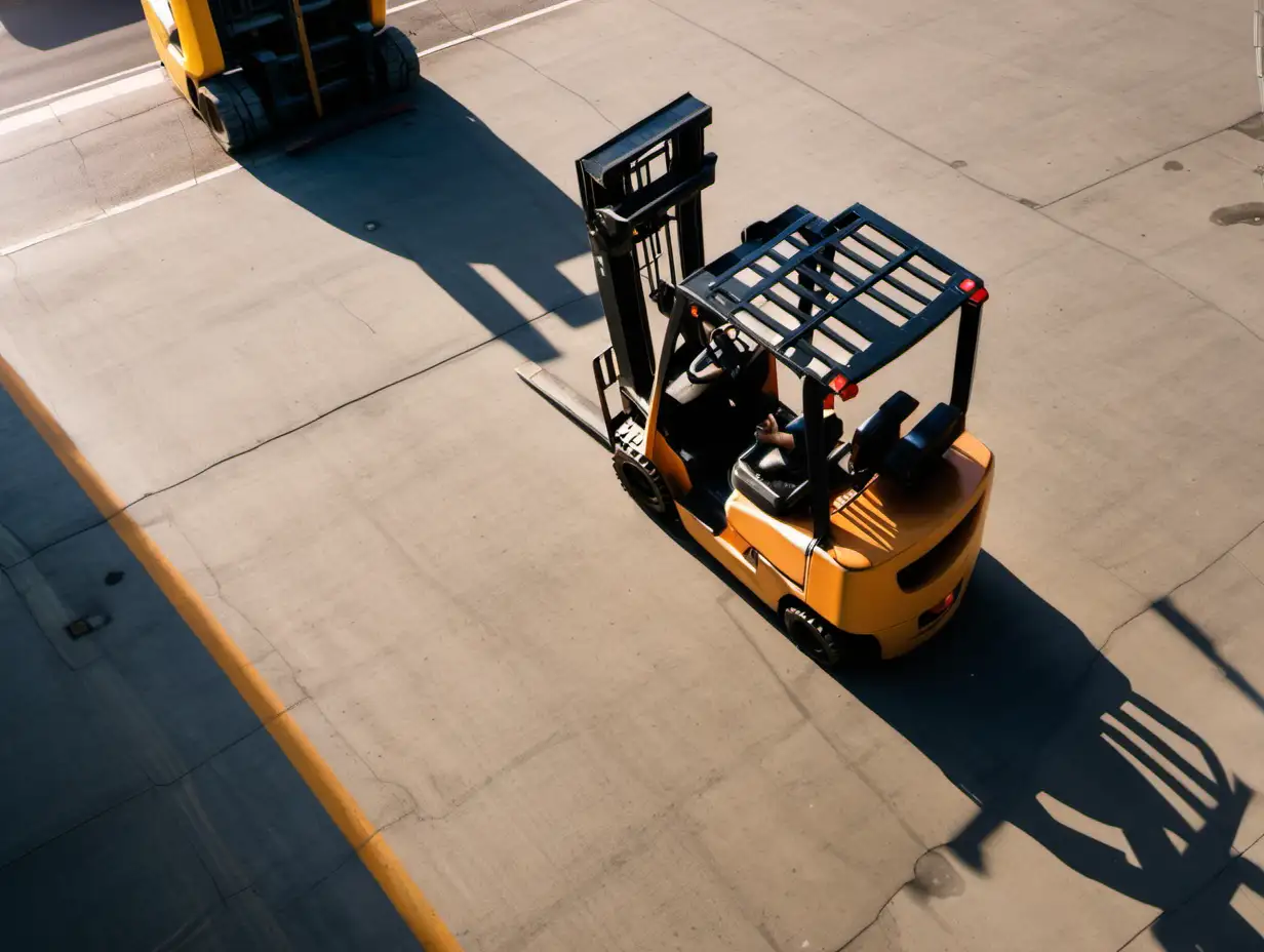 forklift from above in the morning light, add a person driving it