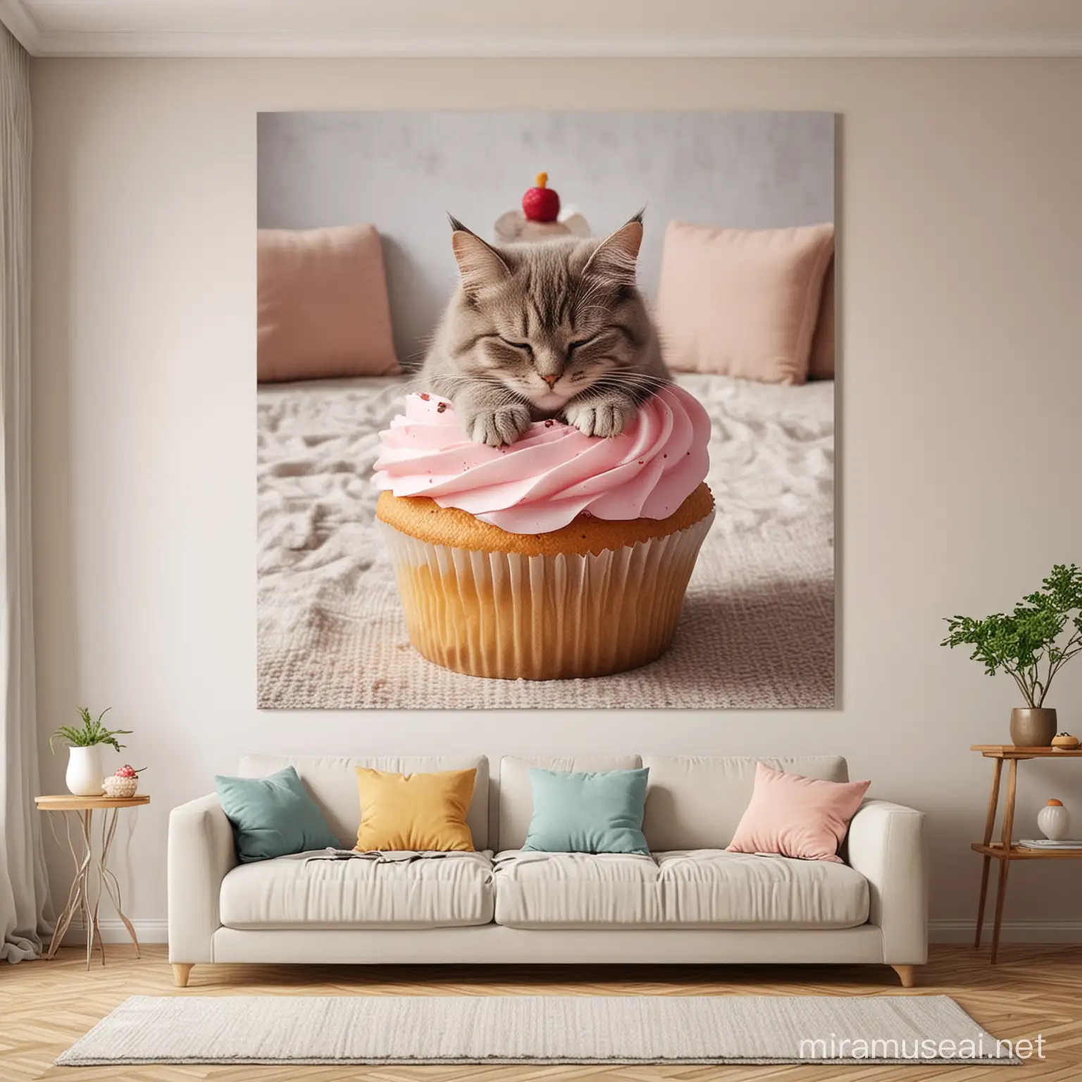 a cute cat is sleeping in the living room, with a huge cupcake photo on the wall