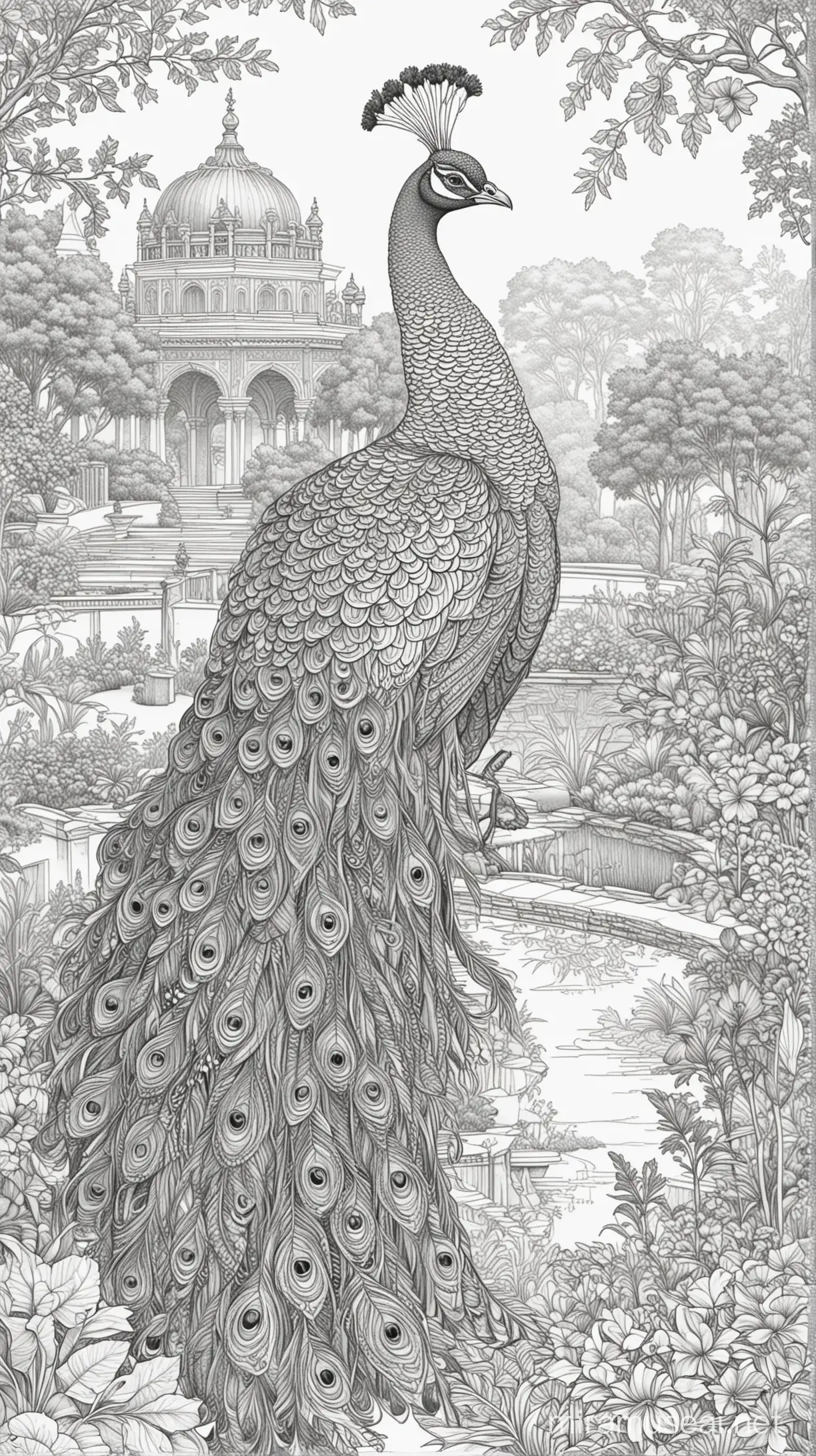 Peacock and palace garden for adult coloring book,b&w, realistic, neat, no dark parts, turn all dark part to white, complex, symmetrical, drawing, sketch, clear lines