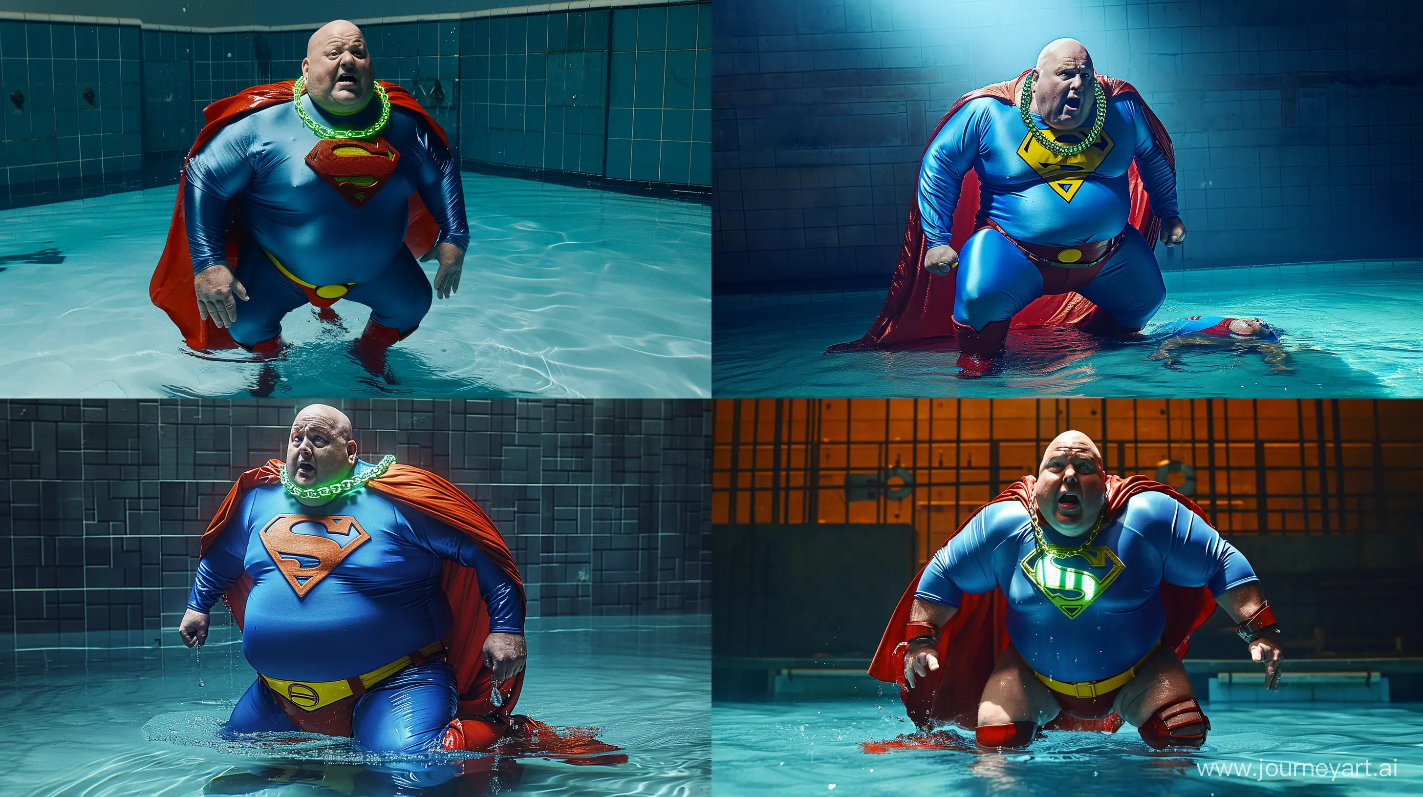 Portrait photo of a chubby muscular man aged 70 wearing a wearing a tight silky blue superman costume with a large red cape, red boots, blue shirt, blue pants, yellow belt and red trunks. He has a glowing green metal chain short collar around his neck. He is crawling on all four in a swimming pool and terrified. Bald. Clean Shaven. --style raw --ar 16:9 --v 6