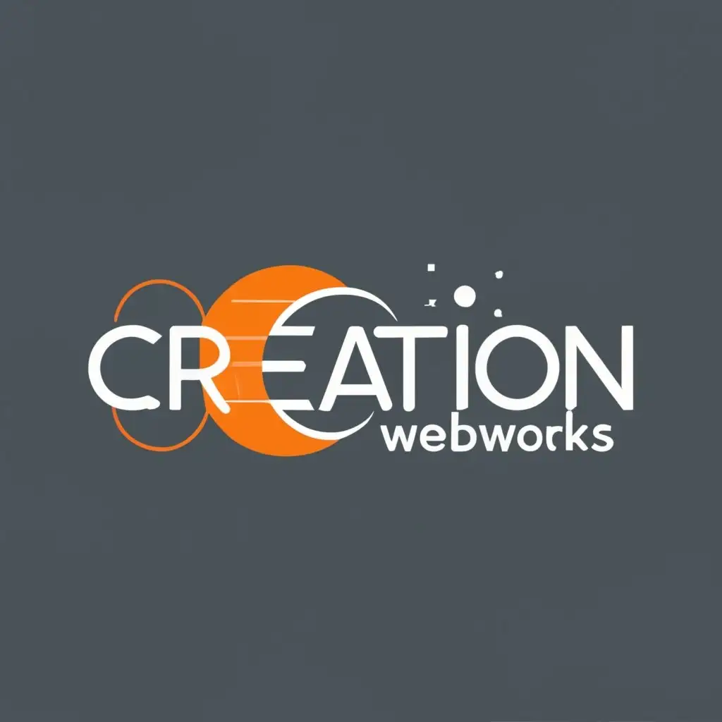 logo, modern text font with integrated designs in black and white with orange accents, incorporating empty spaces, lines, and/ or circle and planet silhouettes, with the text "CreationWebworks", typography, be used in Technology industry