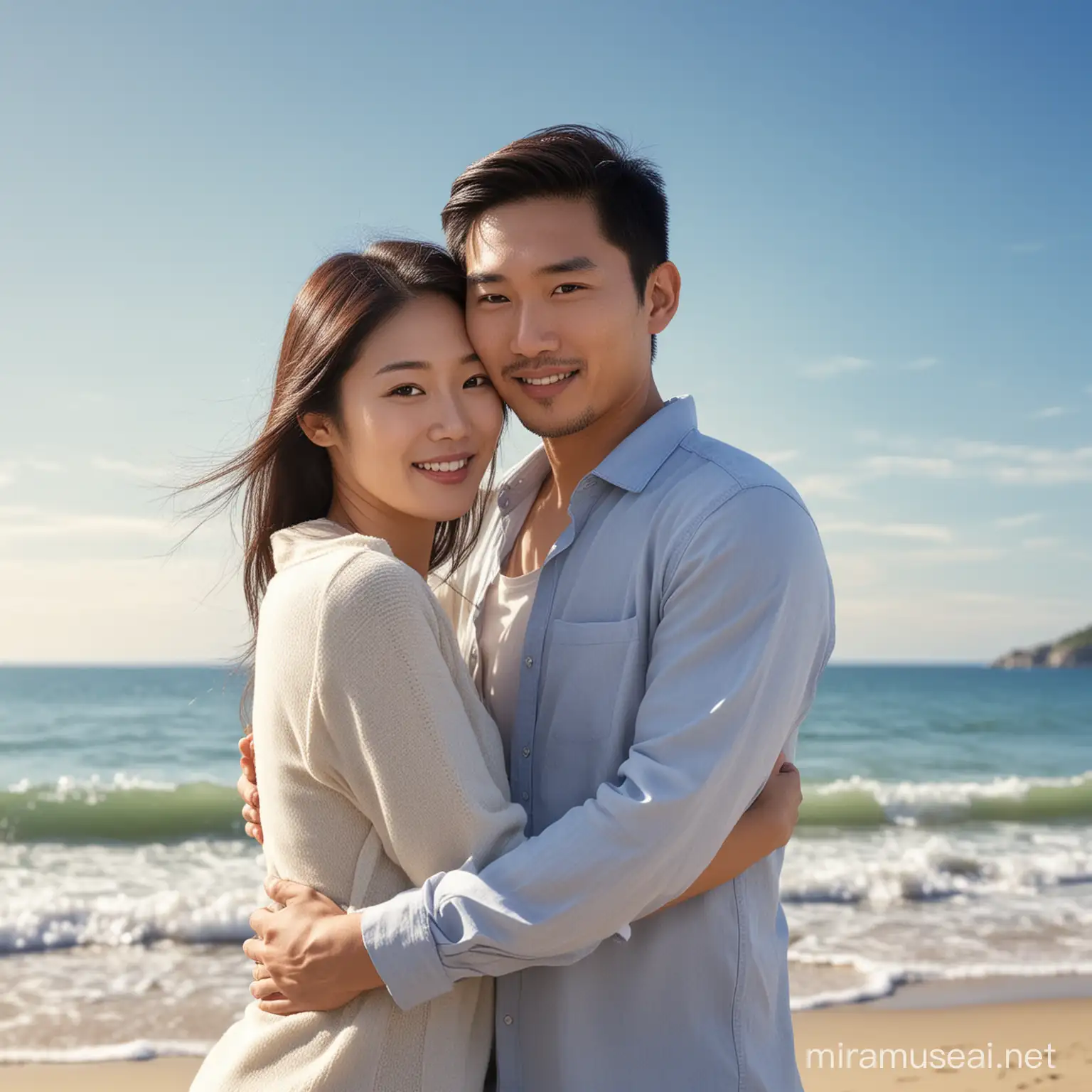 generate image, an asian couple, 30 years old, hug, romatic, realistic. Background a beach, blue sky.