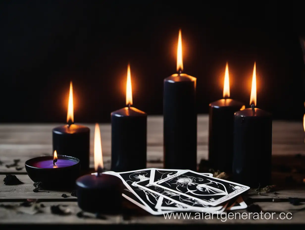 black wax candles, on the table, a candle is burning, magic, ritual, tarot