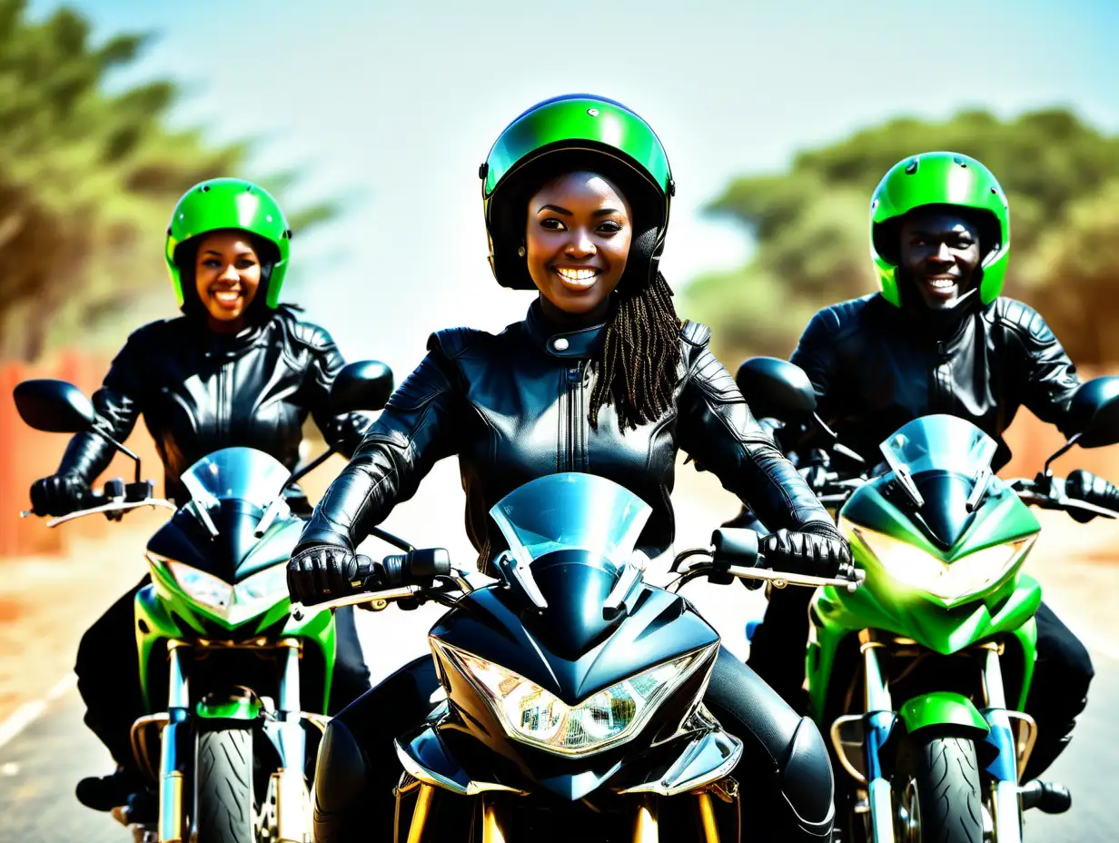 Smiling African woman motorbike rider leading two male motorbike riders in formation all dressed in black riding gear and green helmets front eye view
