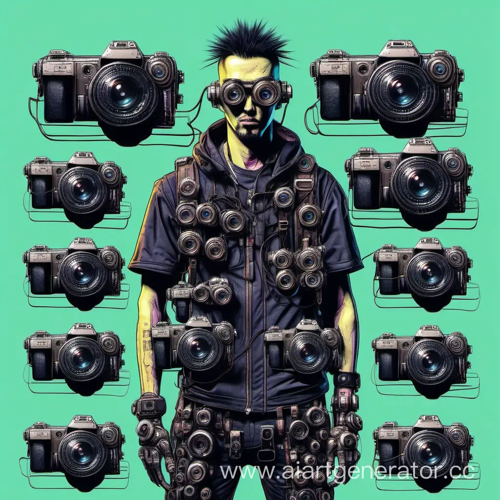 фотограф с 20 фотоаппаратами в стиле киберпанк
