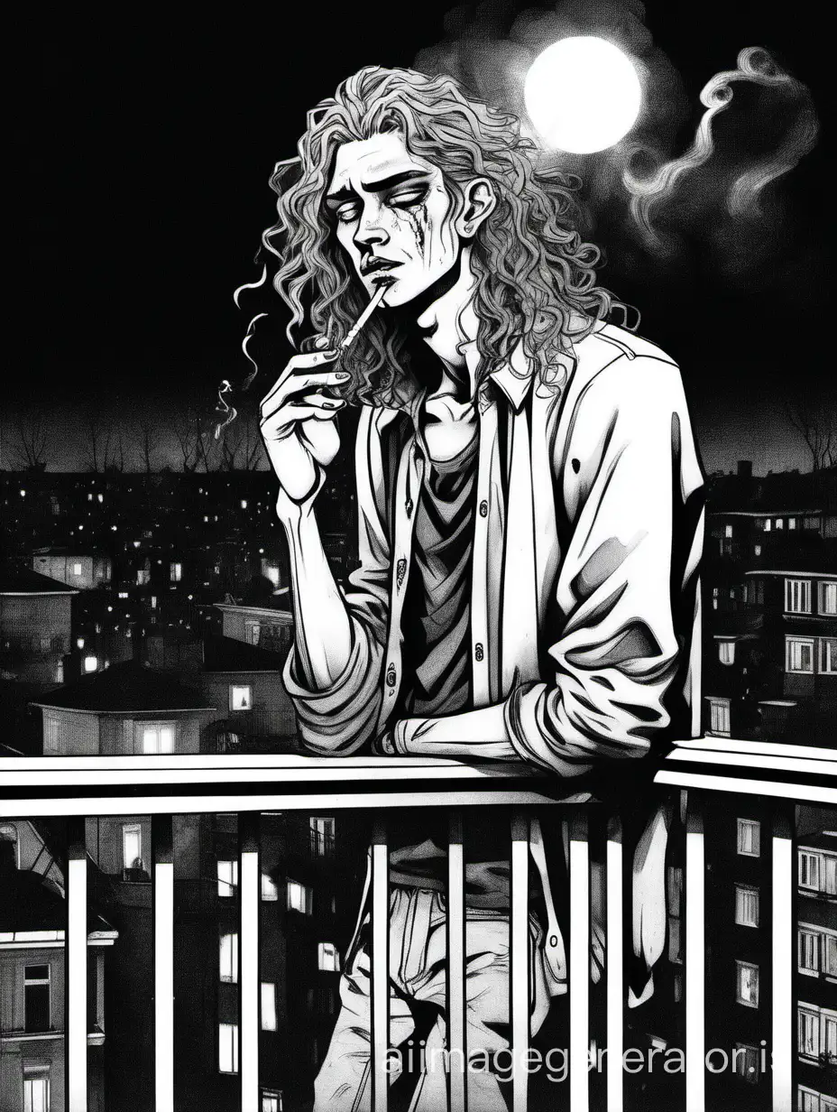 A slender young man of Slavic appearance with eyebrow piercings and long, light curly hair stands on the balcony at night, smoking and crying