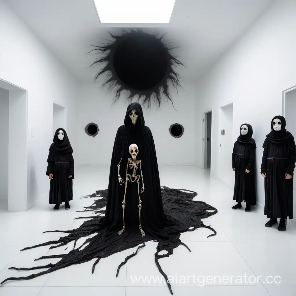 Grim-Scene-Mummified-Figure-with-Children-in-Black-Cloaks-in-a-White-Room