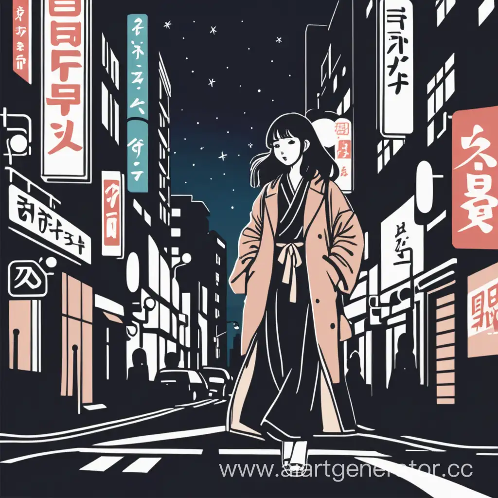 Красивая японская девушка, в полный рост, в городе, ночью, векторное изображение