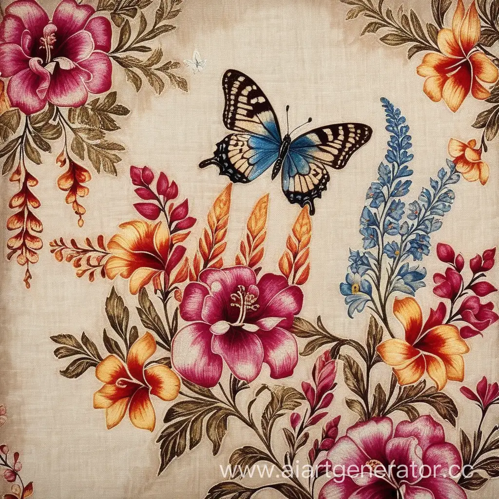 батик, цветы  антирринумом в леней тематике с маленькой одной бабочкой 
