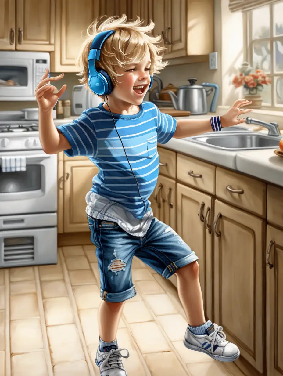  dirty blonde haired little boy  blue and white striped shirt  jean shorts, earphones on , dancing in the kitchen