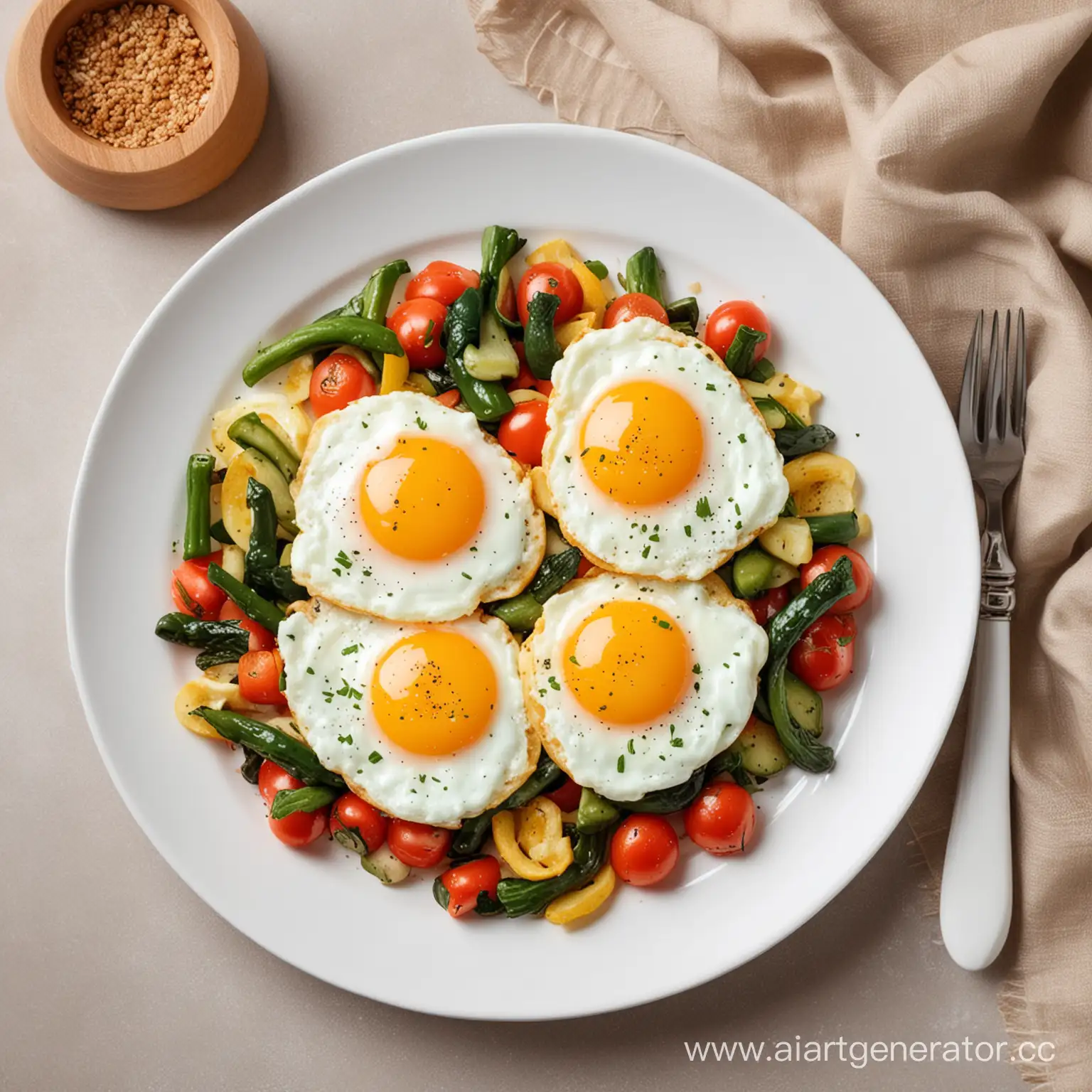 Top-View-of-Delicious-Fried-Eggs-with-Colorful-Vegetables-on-White-Plate