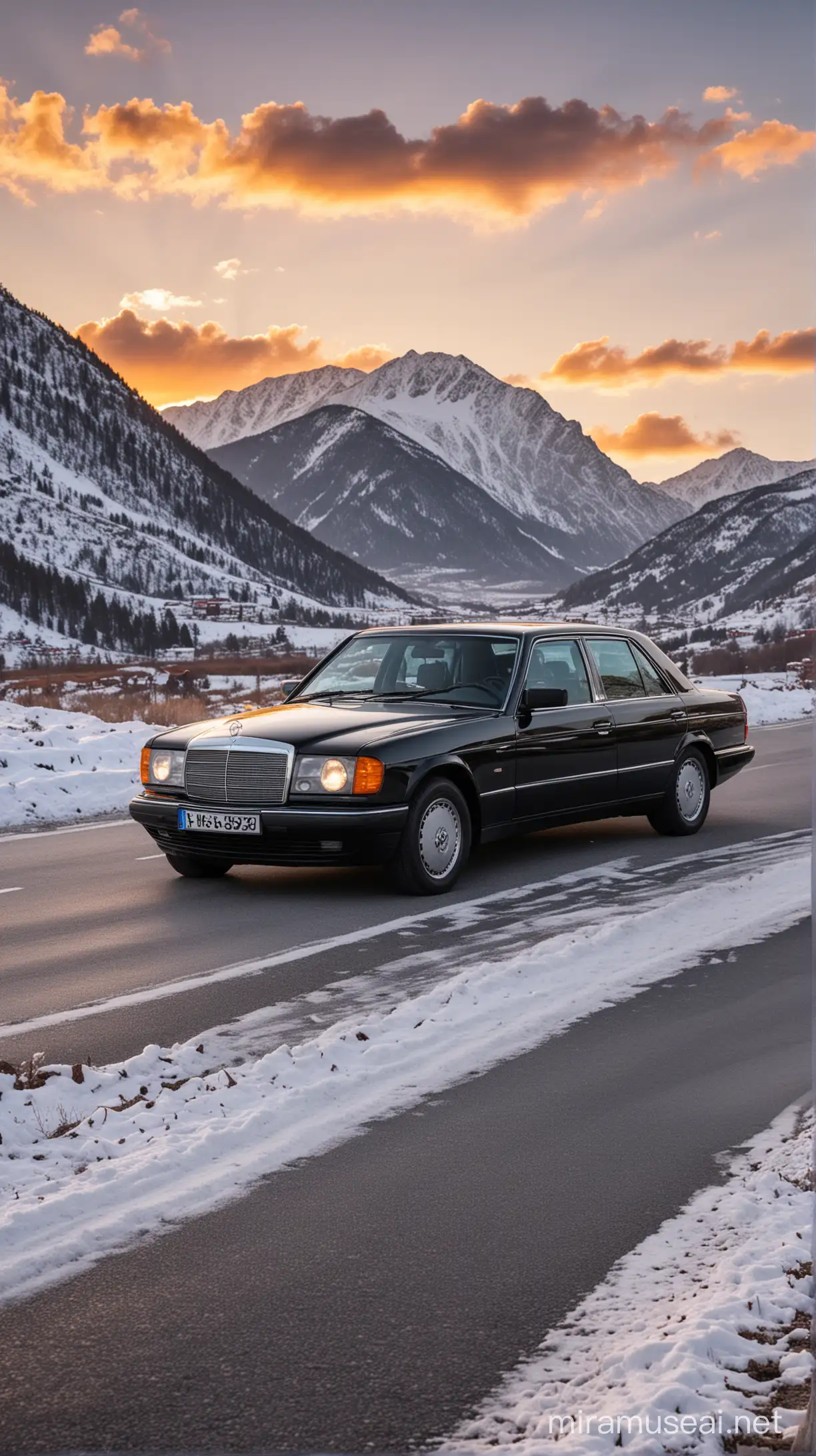 Professional automotive photography. A black-shiny1986 Mercedes Benz W124 stopped on an empty road. Mountains with snow on the summit. Sunset.