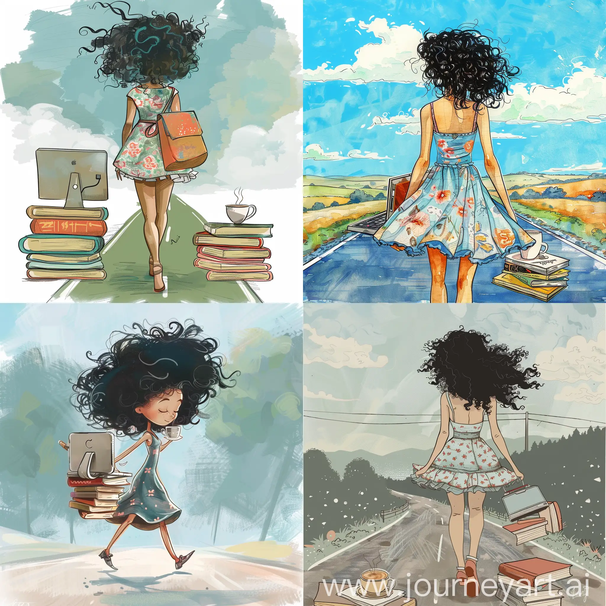 draw me an illustration girl in a cute dress with black curly hair walking down the road with a computer books sketches and coffee