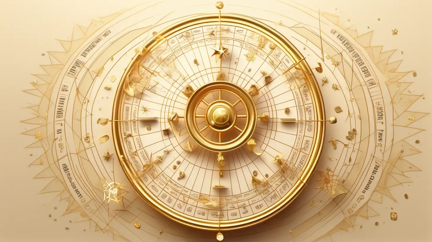 astrological wheel,  MONEY flying around the wheel, loose lines, loose lines,  gold color and light beige