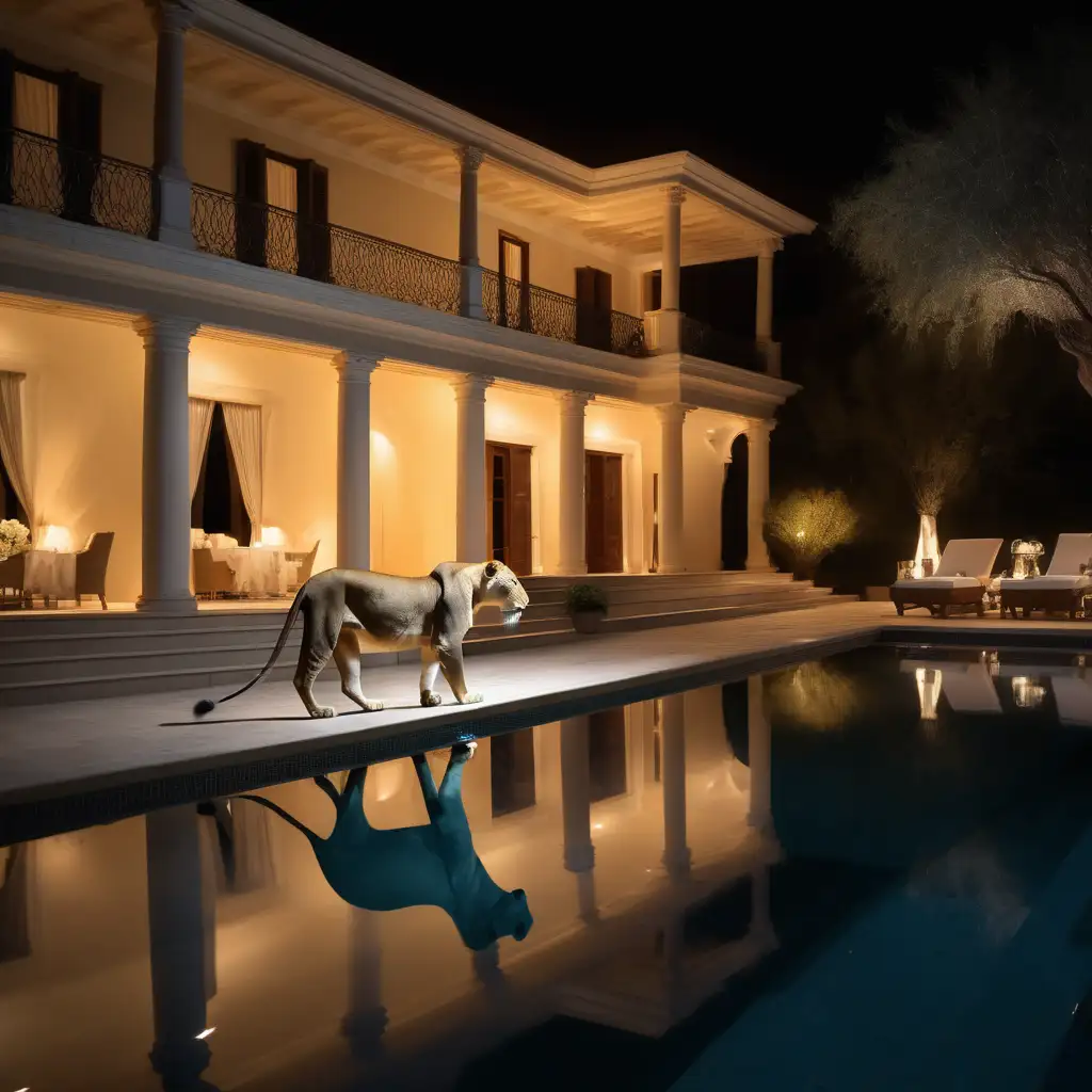 Elegant Night Stroll Lioness by the Pool in a Rich Villa Setting