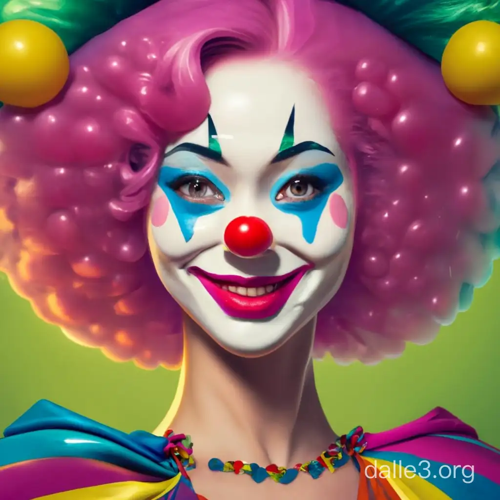 Close up, Japanese woman, beautiful, turned into clown, bright white skin made of latex, colorful clown outfit made of latex, pink hair, big friendly smile, shiny latex red nose