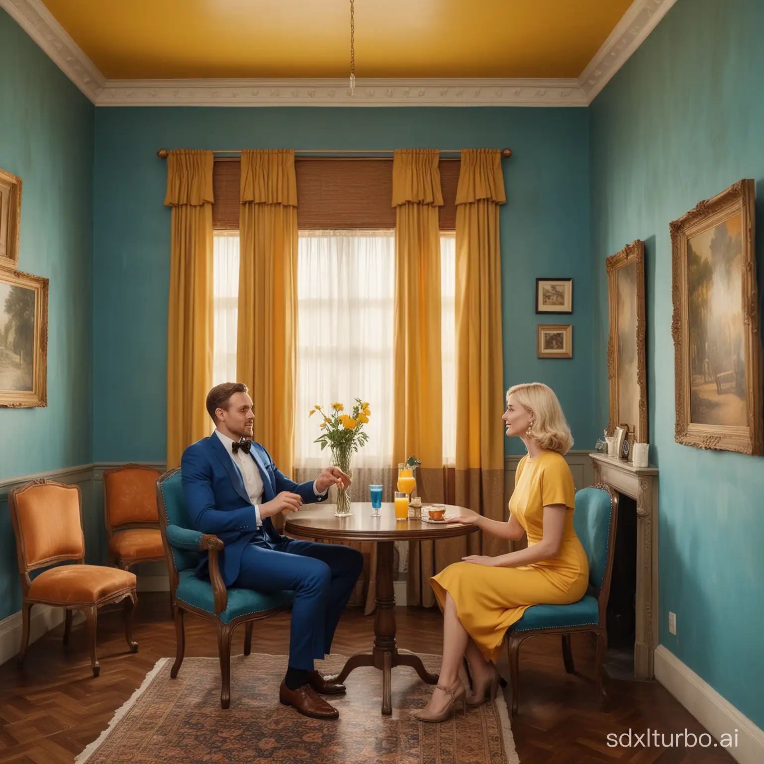 A man wearing a blue suit and a black bow tie and a blonde woman dressed in a yellow dress are in a blue room. They are sitting around a round table, each holding a stemmed glass of orange juice. The room is adorned with paintings hanging on the walls, and a brown curtain frames one of the windows. The vintage blue seats add a retro touch to the surroundings. The lighting is dim, creating a warm and intimate atmosphere. An electrical switch is visible on the wall, completing the room's decor.