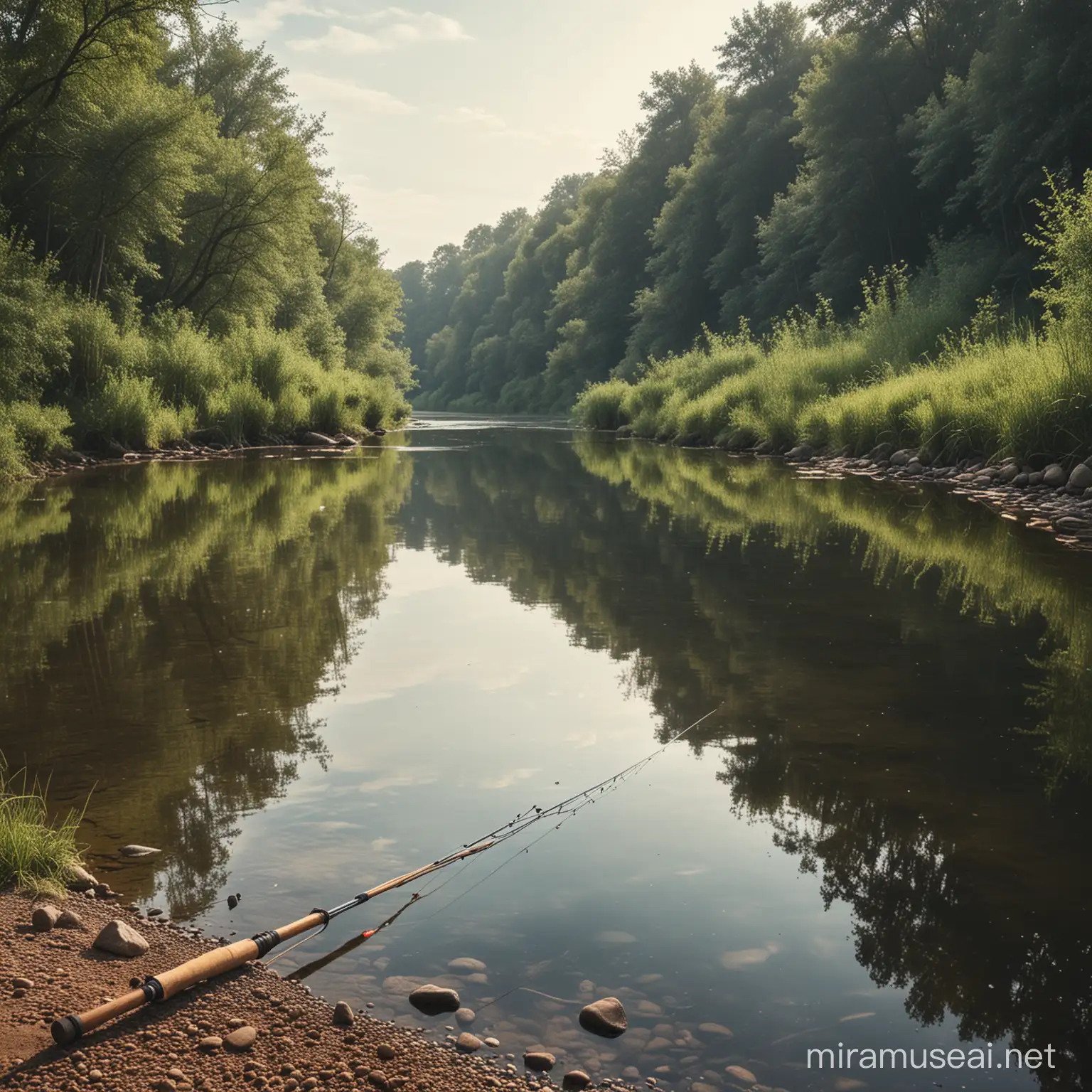 an image of a river landscape with a fishing rod lying peacefully on the bank, reflecting calmness and expectation for the best.