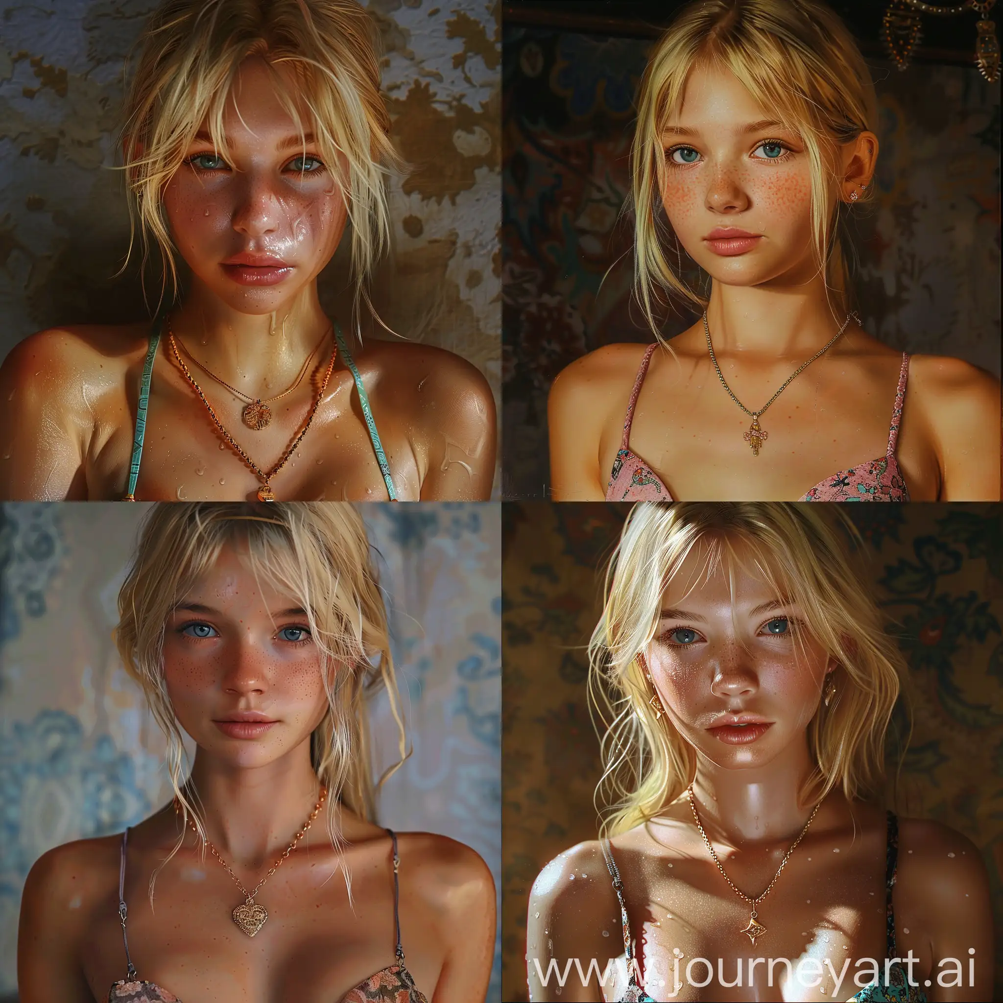  a Young blonde woman, (Bruletova), wearing a bikini top and a necklace, a photorealistic painting by Victor Nizovtsev, tomboy, trending on cg society, neo-romanticism, enchanting, detailed, anime aesthetic, photoshoot