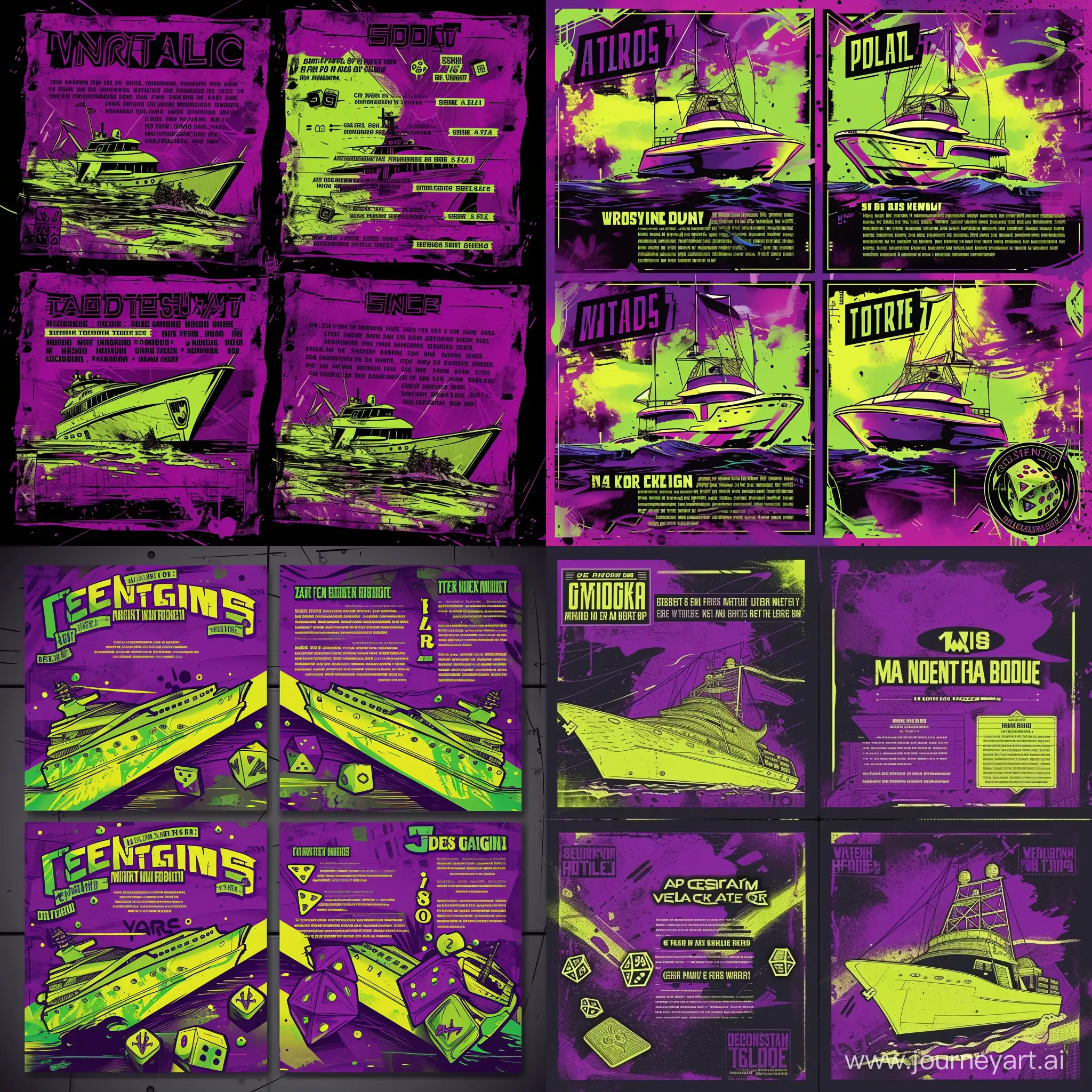 дизайн 4 слайдов правил к настольной игре в кости с текстом и изображениями яхты в фиолетовых и кислотно зеленом цвете в стиле граффити 
