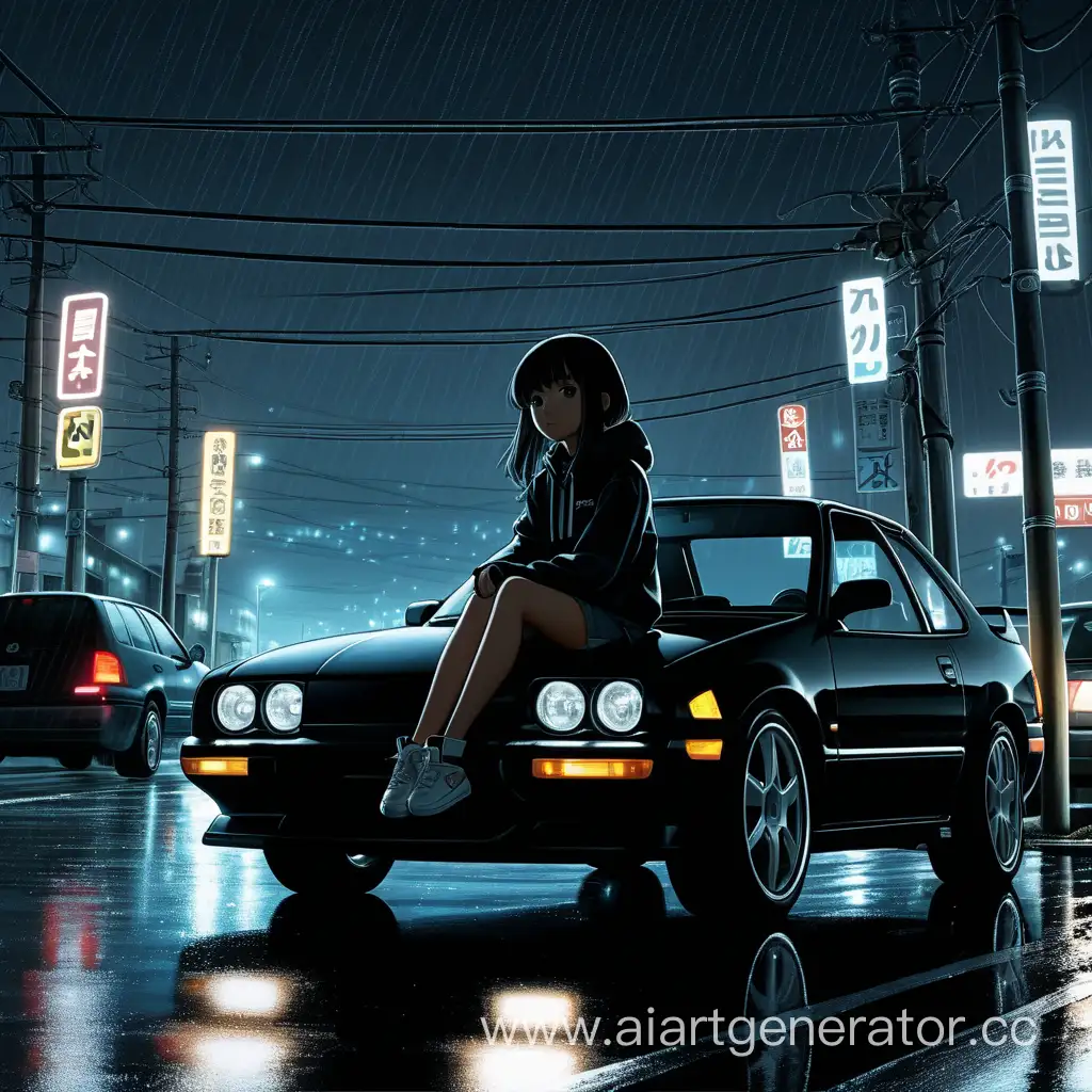 Аниме девушка сидит на капоте JDM черного цвета Машине. На заднем фоне ночь и идет дождь. Стоит машина на дороге где слева направо горят фонари.