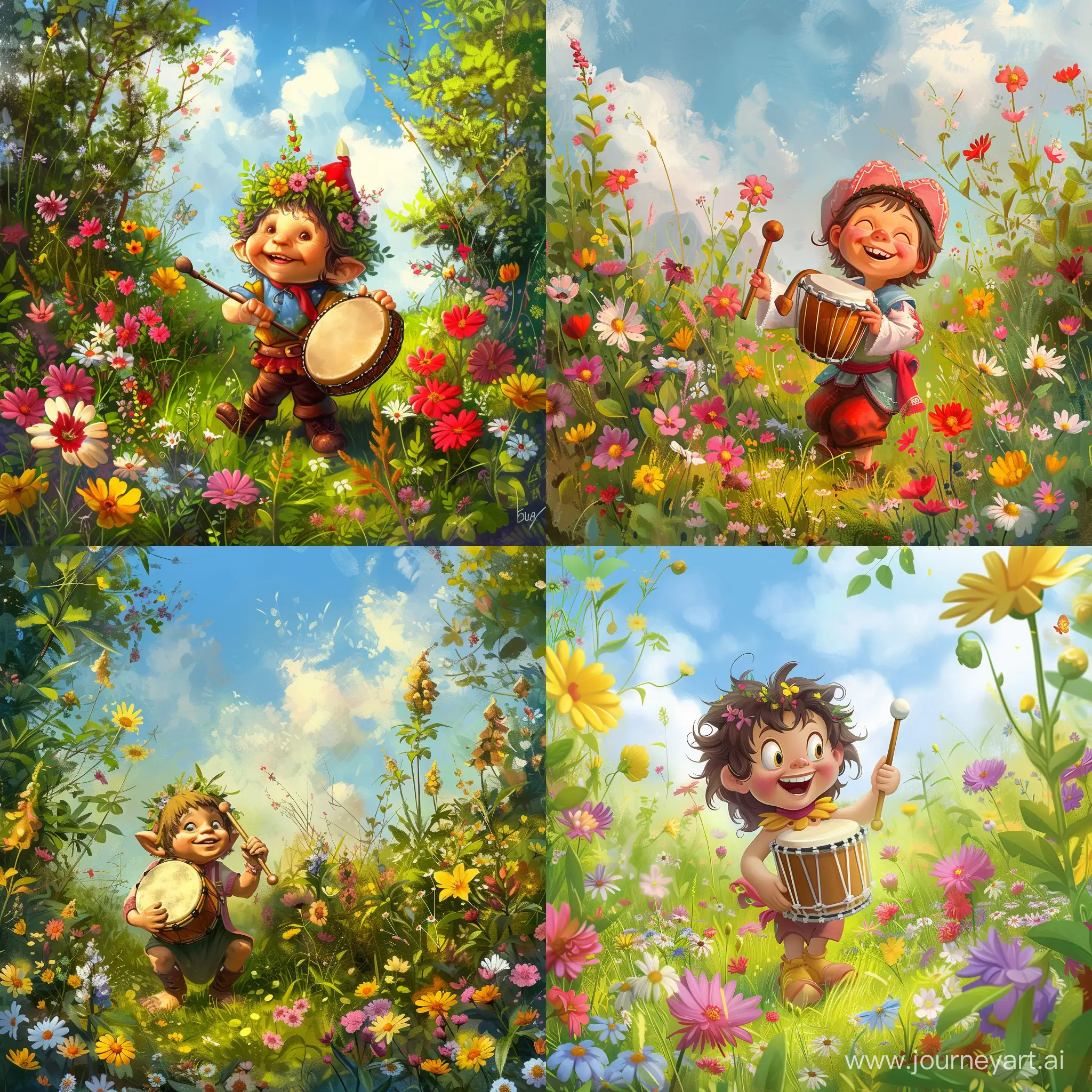 на цветущей поляне среди цветов сказочный персонаж Буба  с барабаном в руках  мультяшный