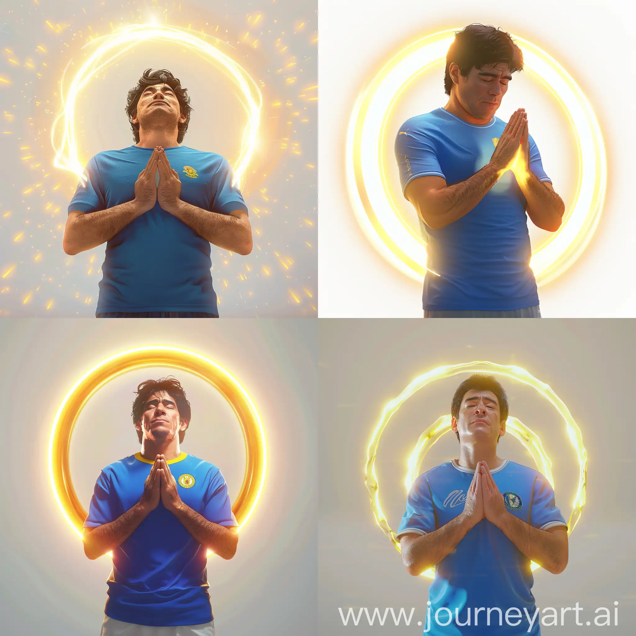 Maradona Praying with Blue T-shirt in Cartoonic Style, Yellow Light Ring in Luminous White Background, 3d Rendering, High-Res 