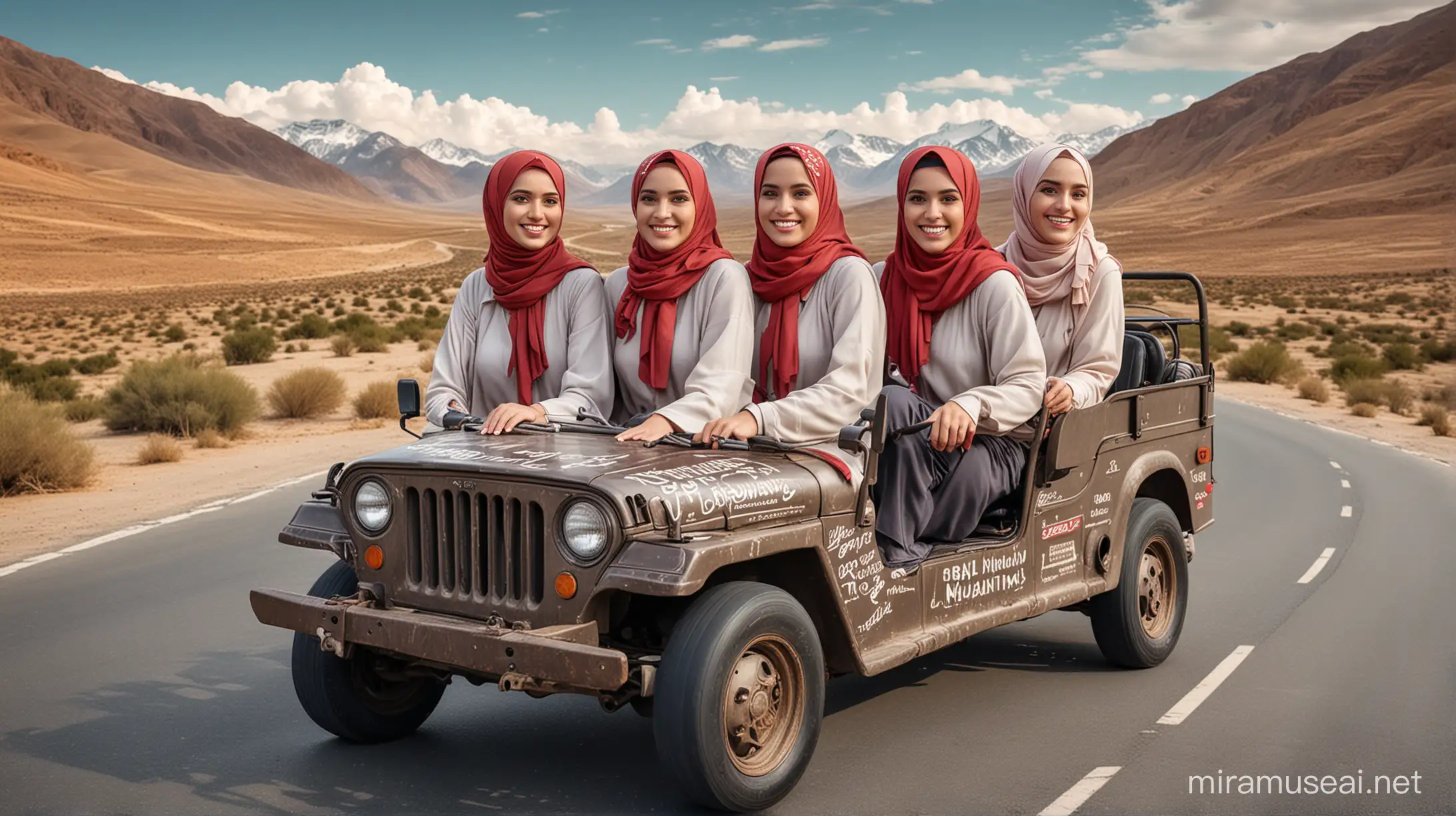 long shoot, 4D caricature , real face of 3 beautiful women, all wearing long hijabs, smiling sweetly, riding an old jeep, smooth asphalt road background, winding road, beautiful mountain views, in the sky there is writing typography ( AYO MUDIK )
(red font) lightroom effects, hyperrealistic, real faces. Ultra HDR resolution, true and strong colors.