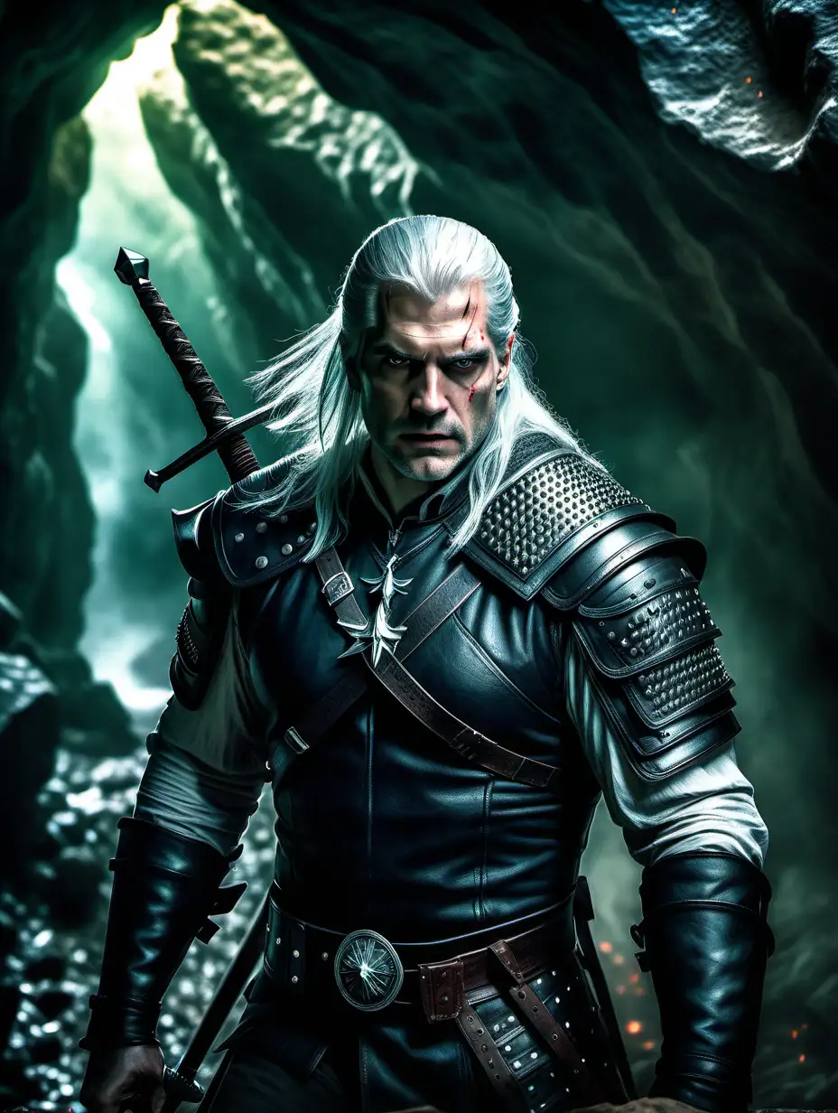 Photorealistic, cinematic portrait of a mature Henry Cavil as the Witcher, Geralt of Rivia with long white hair, wearing black studded armour, carrying a large sword through a cavern, looking into the face of a powerful force of evil rushing towards him, background is a mysterious green glowing cave