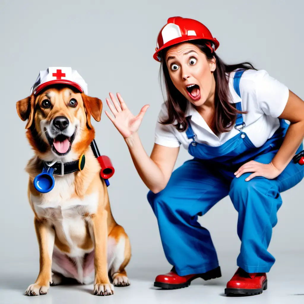 a dog dressed as a plumber with a  surprised woman