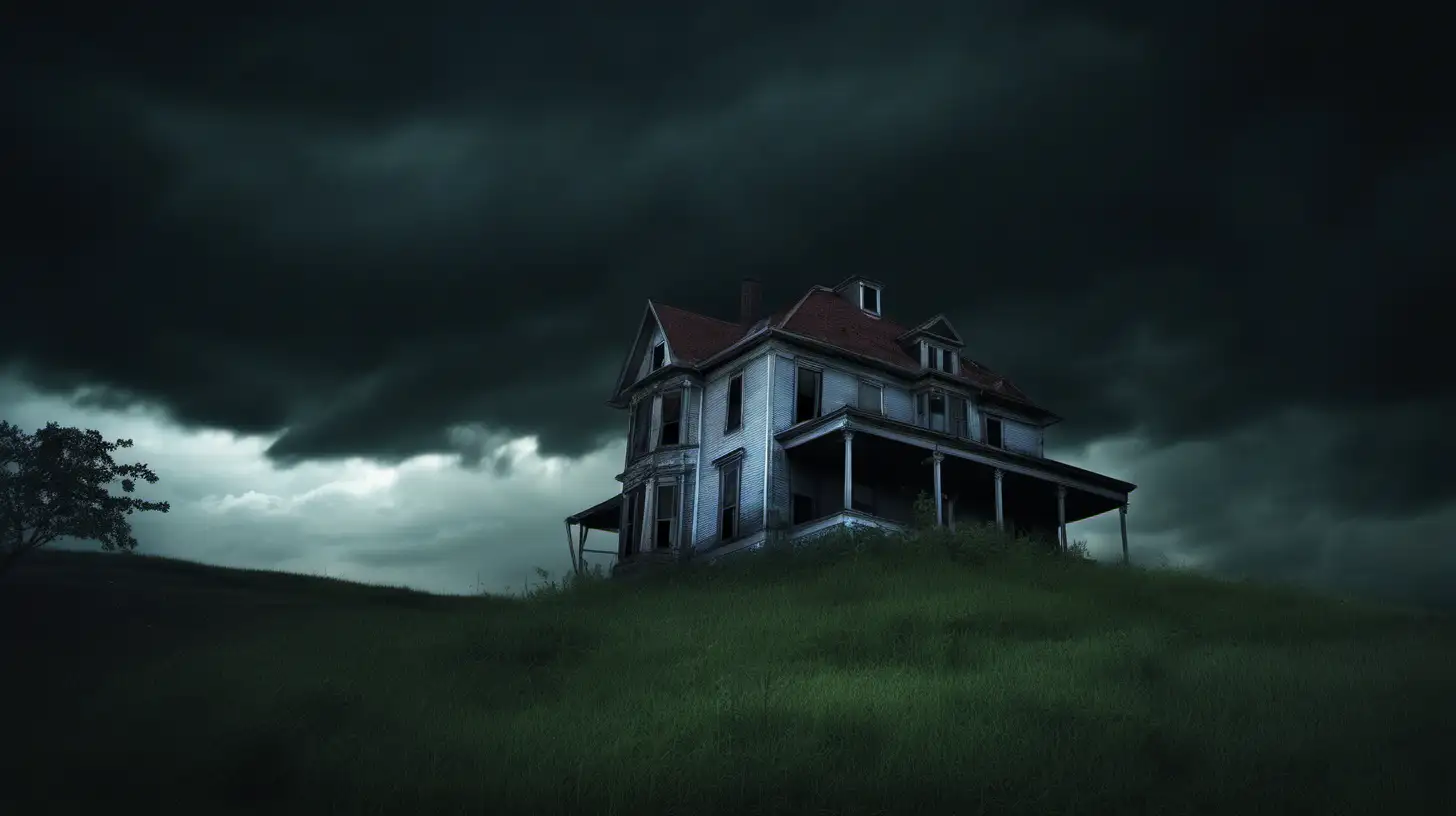 An abandoned house on a hill at night, dark clouds overhead. Photographic quality, highly detailed.