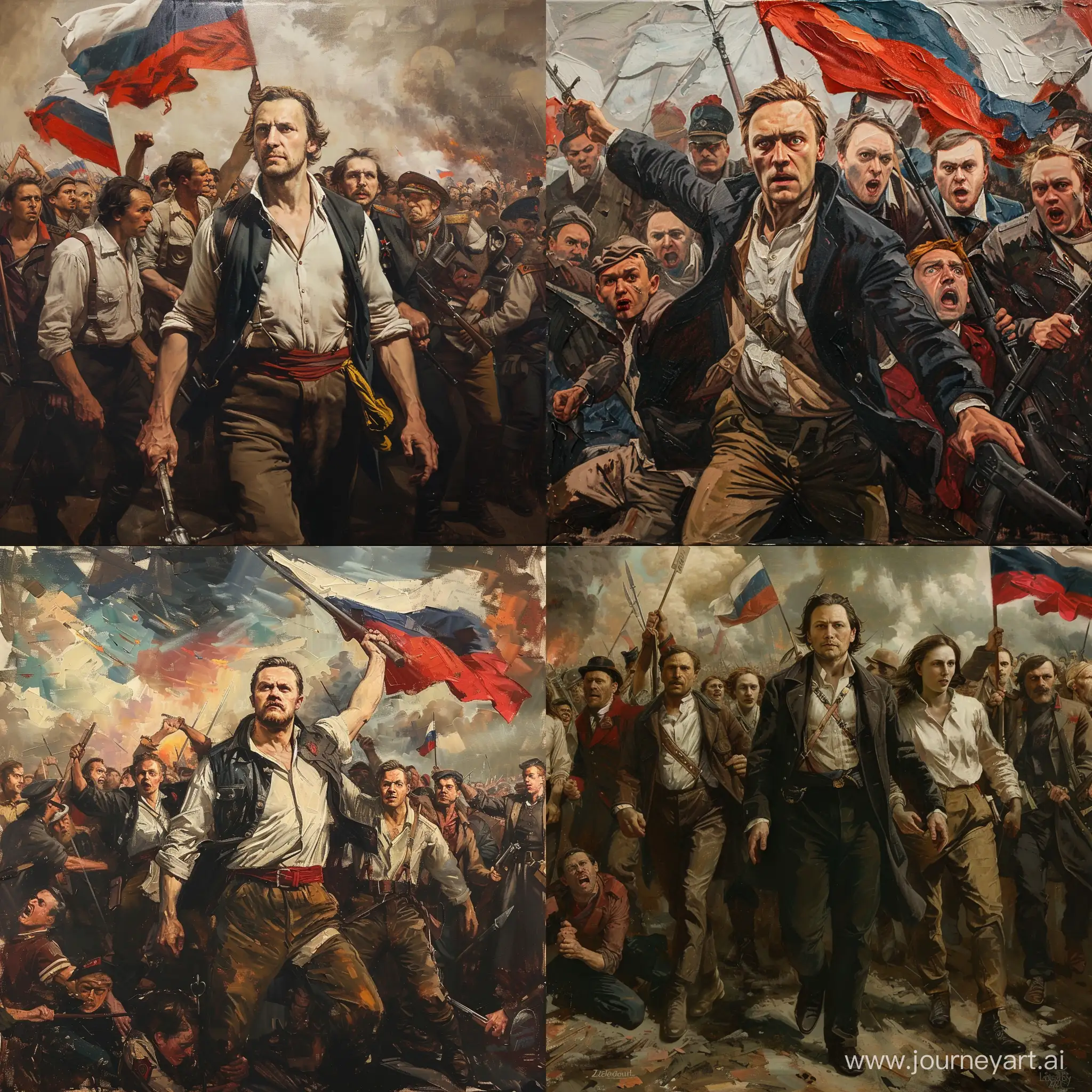 "Liberty Leading the People - Alexey Navalny's Uprising": an artistic interpretation of the Russian uprising against Putin regime in similar style and copying a painting by "Liberty Leading the People" by Eugene Delacroix, Navalny leading the Russian people for revolutionary uprising similar to French Revolution, ultra-realistic, detailed, dynamic lighting, historical epic, dramatic perspective, large-scale traditional style painting,  intricate, realistic facial expressions, HD, intense colors, historical significance, symbolic elements, intricate brushwork, large-scale canvas.
