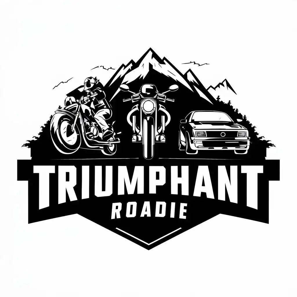 logo, Roadster Motorcycle and car riding on a road or mountains in PNG format with background removed. Keep the suggested style and show some more logo., with the text "Triumphant Roadie", typography, be used in Travel industry