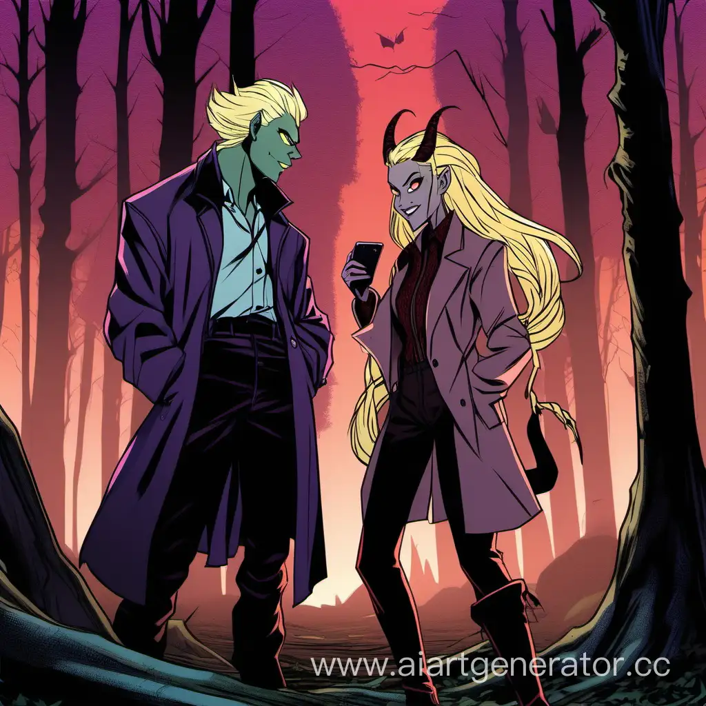 Суккуб-блондинка с двумя косичками и демон мужчина, с зачесыными назад волосами, в пальто, весело переговариваются на лесном перекрёстке, сумерки.