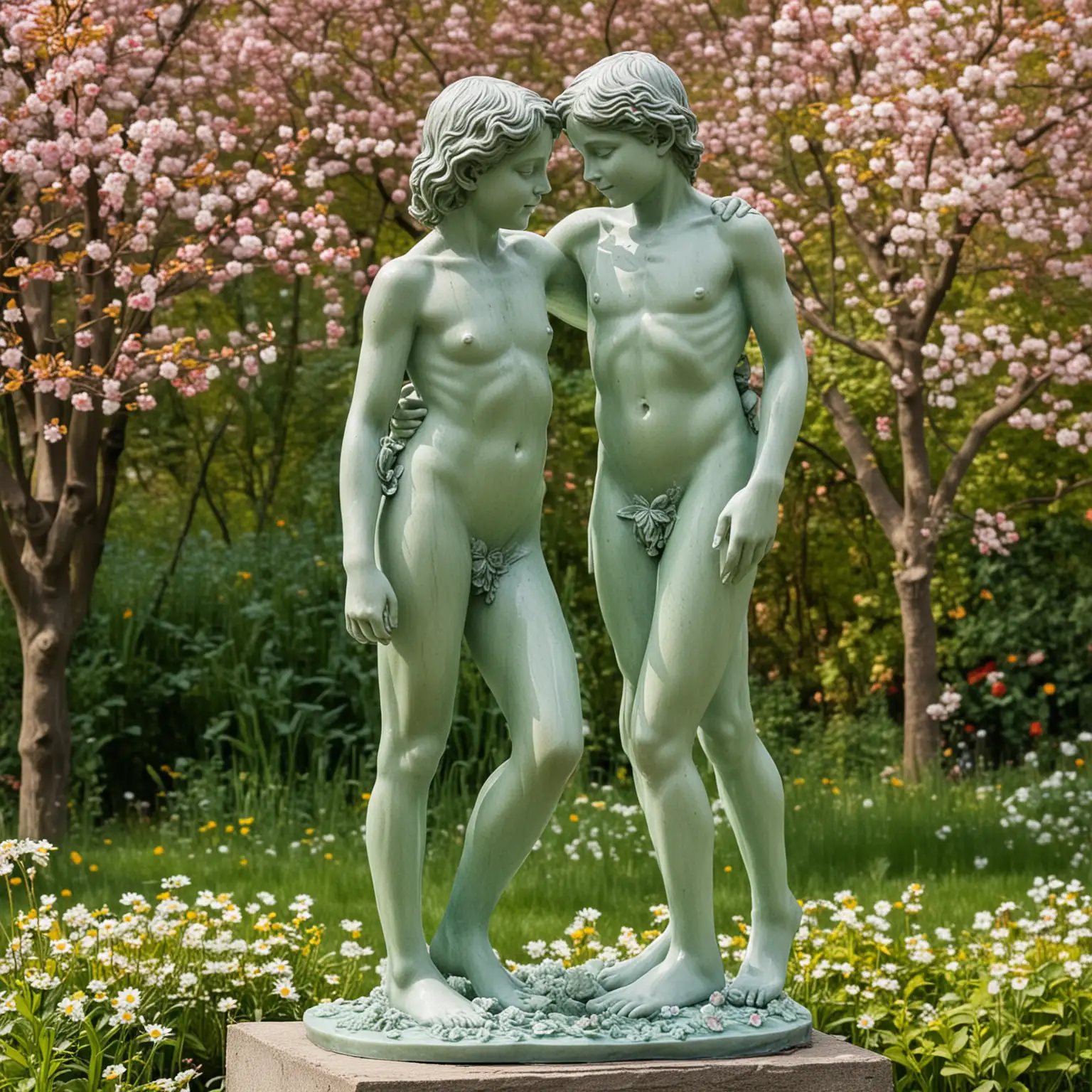 statue of a naked loving girl and boy in glass in a flowering garden full body