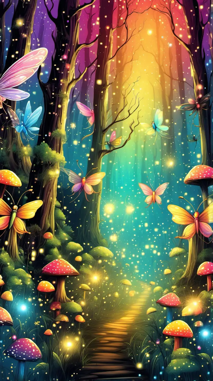 colorful forest with fairies, fireflies