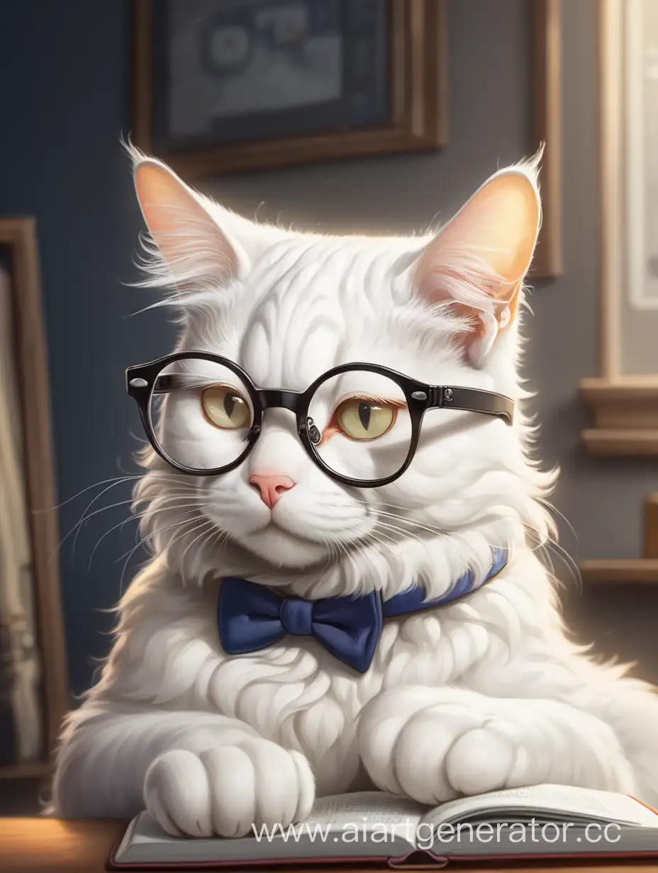 white smart cat in glasses thinks deeply